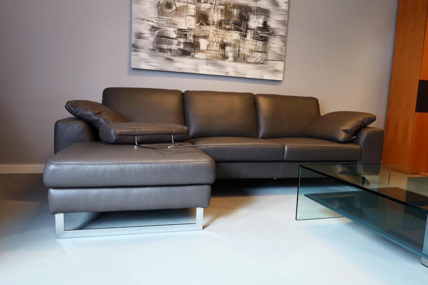 W. Schillig - Ecksofa Alexx Leder Longlife Xtra 95 Graphit Grau Metallfuß F7T Chrom Mit Kissen Und Kopfstütze - 5