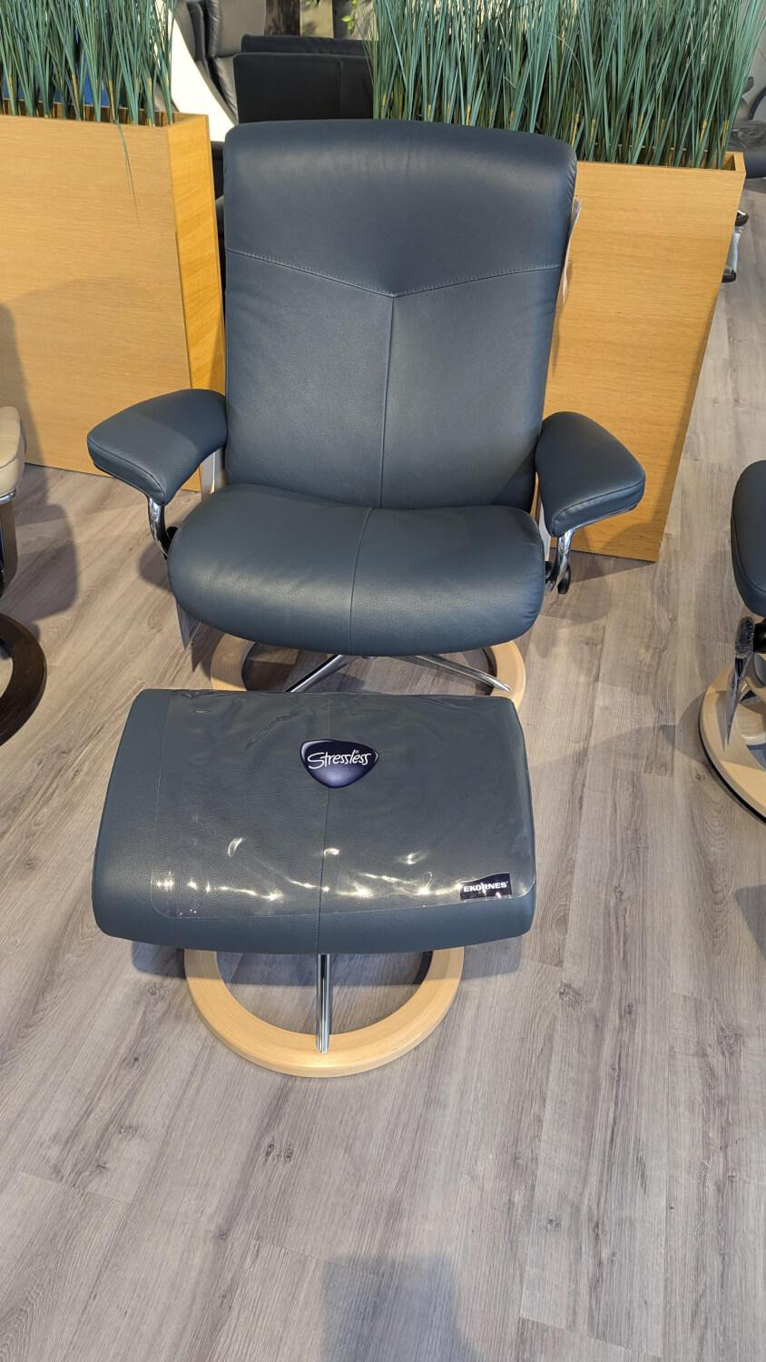 Stressless - Sessel Dover L Leder Batick 093 Atlantic Blue 73 Grau Gestell Signature Holz Whitewash 12 Mit Hocker - 2