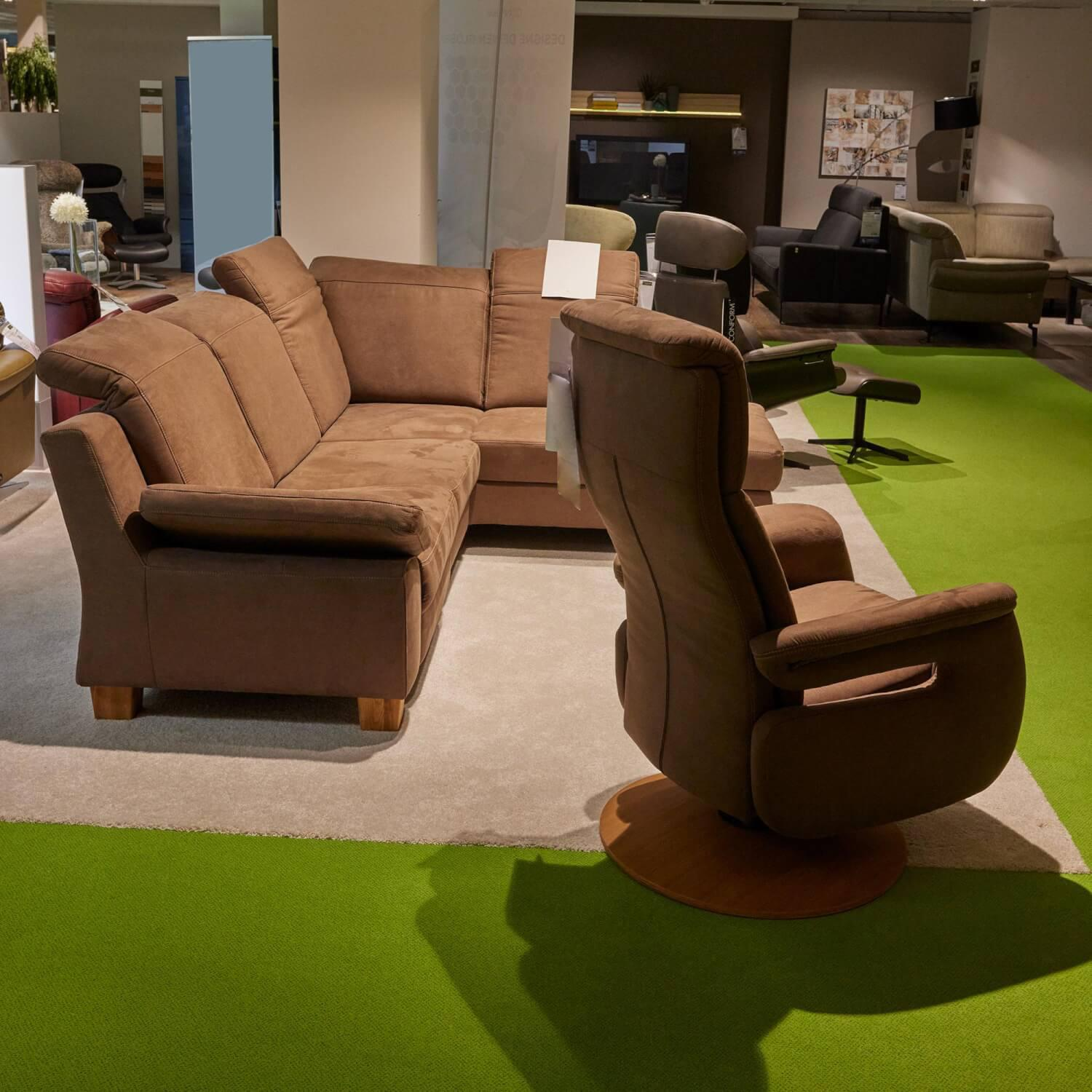 Modulmaster - Polstergruppe Eckgarnitur Menorca Comfort Stoff Maine Schoko 08143/18 Fuß Eiche Massiv Geölt Mit Relaxsessel RX 153 Dreamline Bezug 08143/18 Maine Schoko Tellerfuß Eiche Geölt - 7