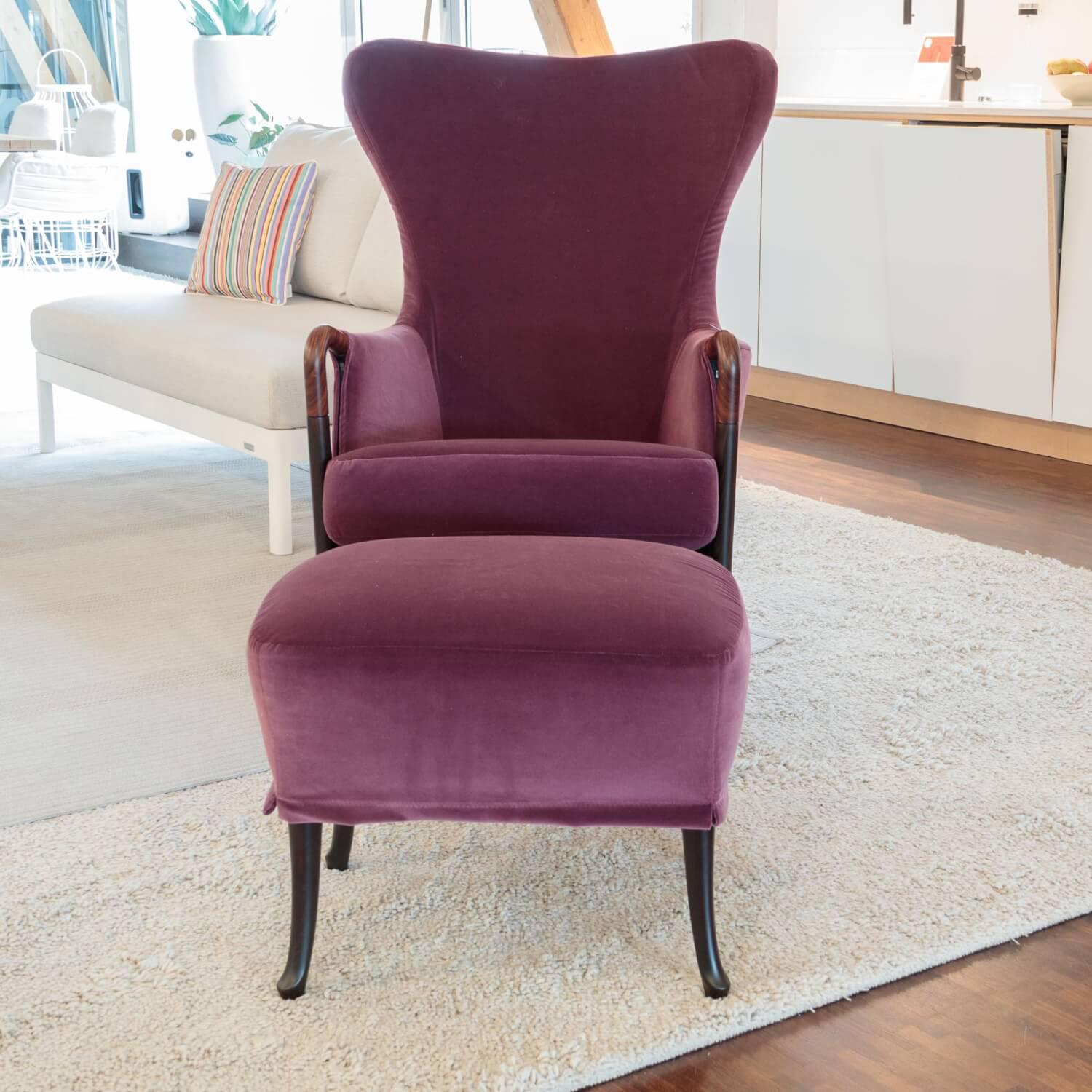 Giorgetti - Armchair Progetti 63340 Fabric Velvet Adamo And Eva 02 Aubergine Violet Pink Frame Wood Matt Stained Including Stool - 7