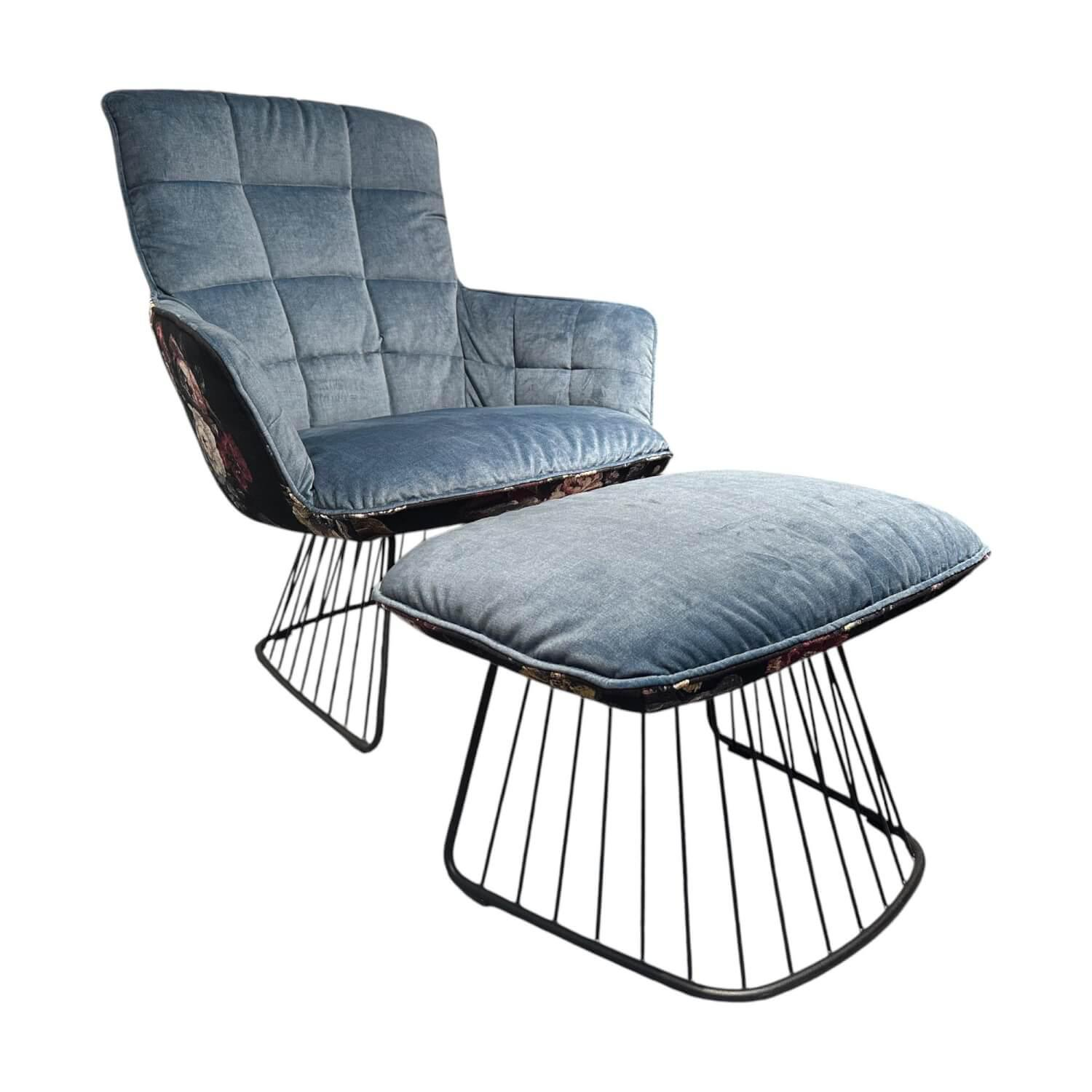 Freifrau - Sessel Marla Easy Chair High Rücken Stoff Gobelin Eden Blumenmuster Sitz Stoff Smart Arctique 05 Blau Mit Hocker - 1