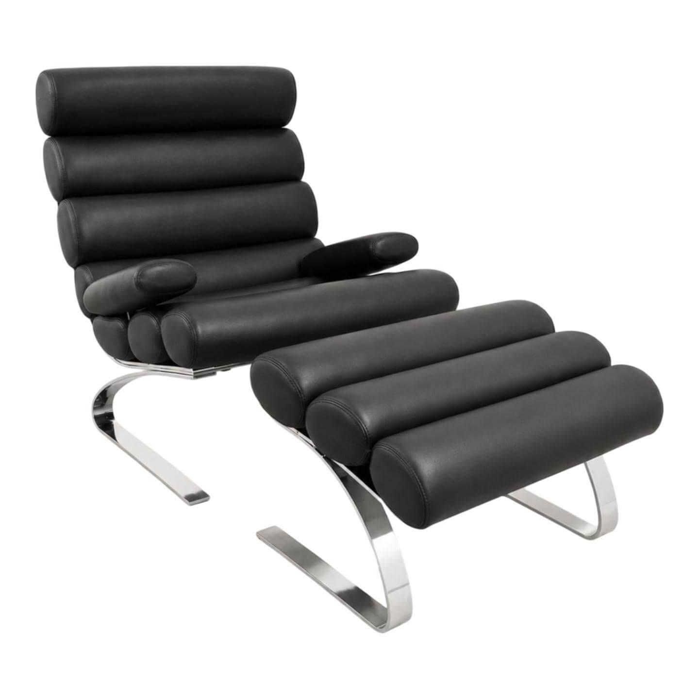 COR - Sessel Sinus Leder 286 Schwarz Kufe Chrom Glänzend mit Hocker - 1