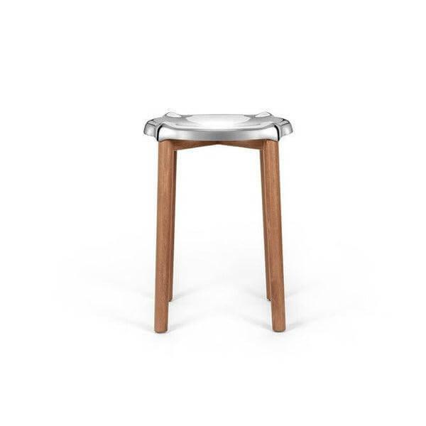 Hocker Poele Low Edelstahl Poliert Gestell Buche Braun Getönt