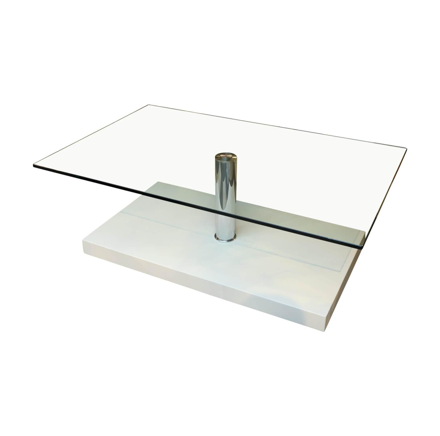 Beistelltisch K436 Tischplatte Floatglas Klar Sockel MDF Reinweiß Metallteile Hochglanz Verchromt Rollbar und Höhenverstellbar