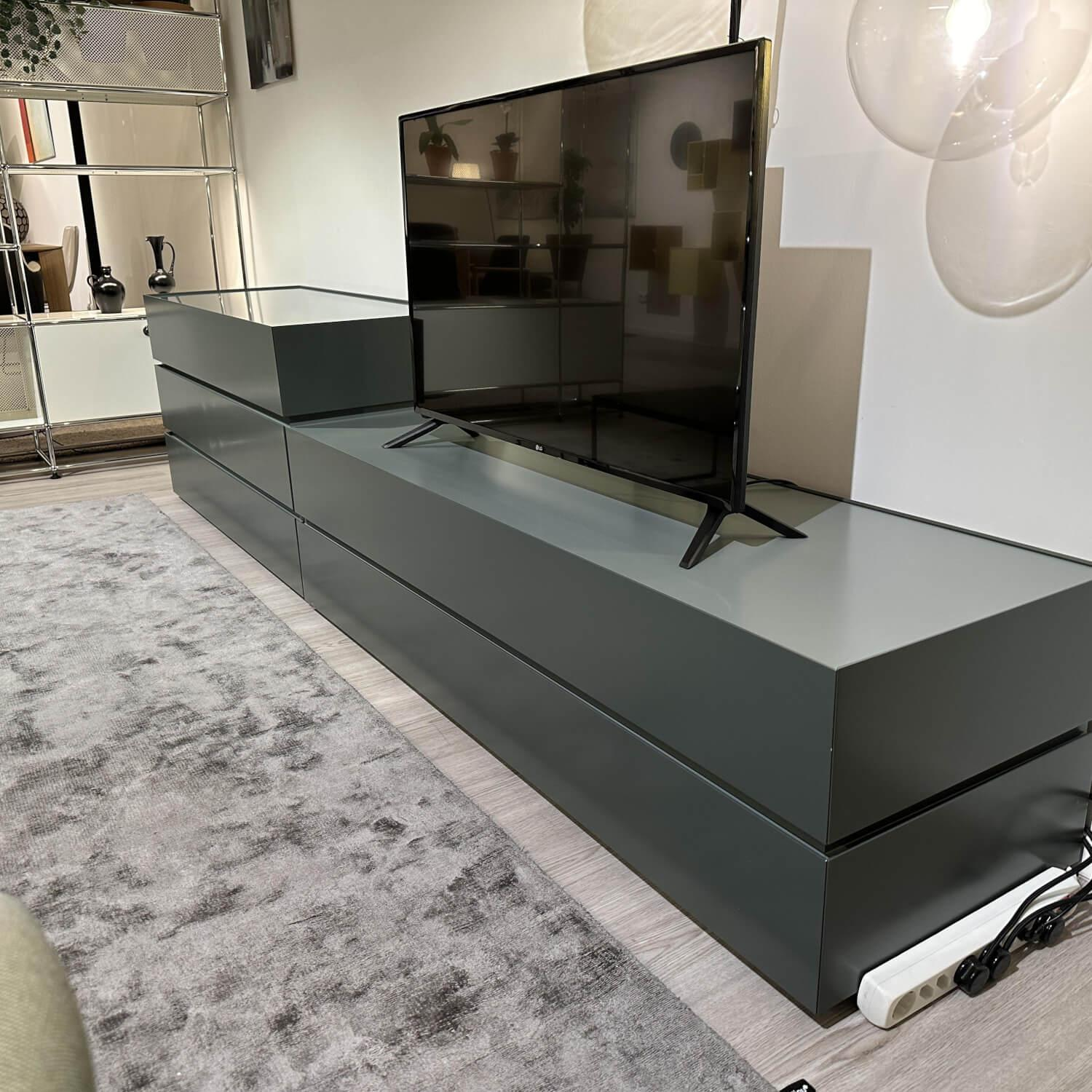 Interlübke - Sideboard with TV swivel column Cube Bold MDF Bahia Green Grey lacquered Recessed handles Laguna Grey Green lacquered Without TV - 5