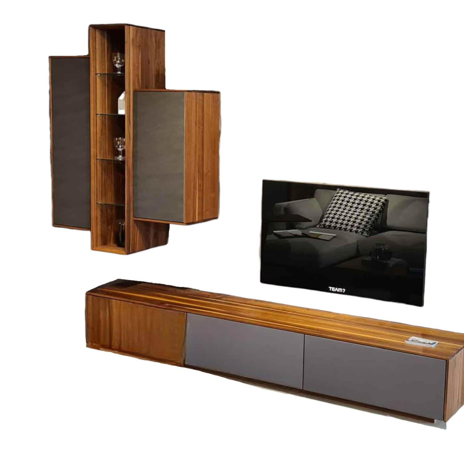 Team 7 - Wohnwand Filigno Nussbaum Naturöl Keramikart Basalt Black Lautsprecherklappe Stoff Metallic Grau - 1