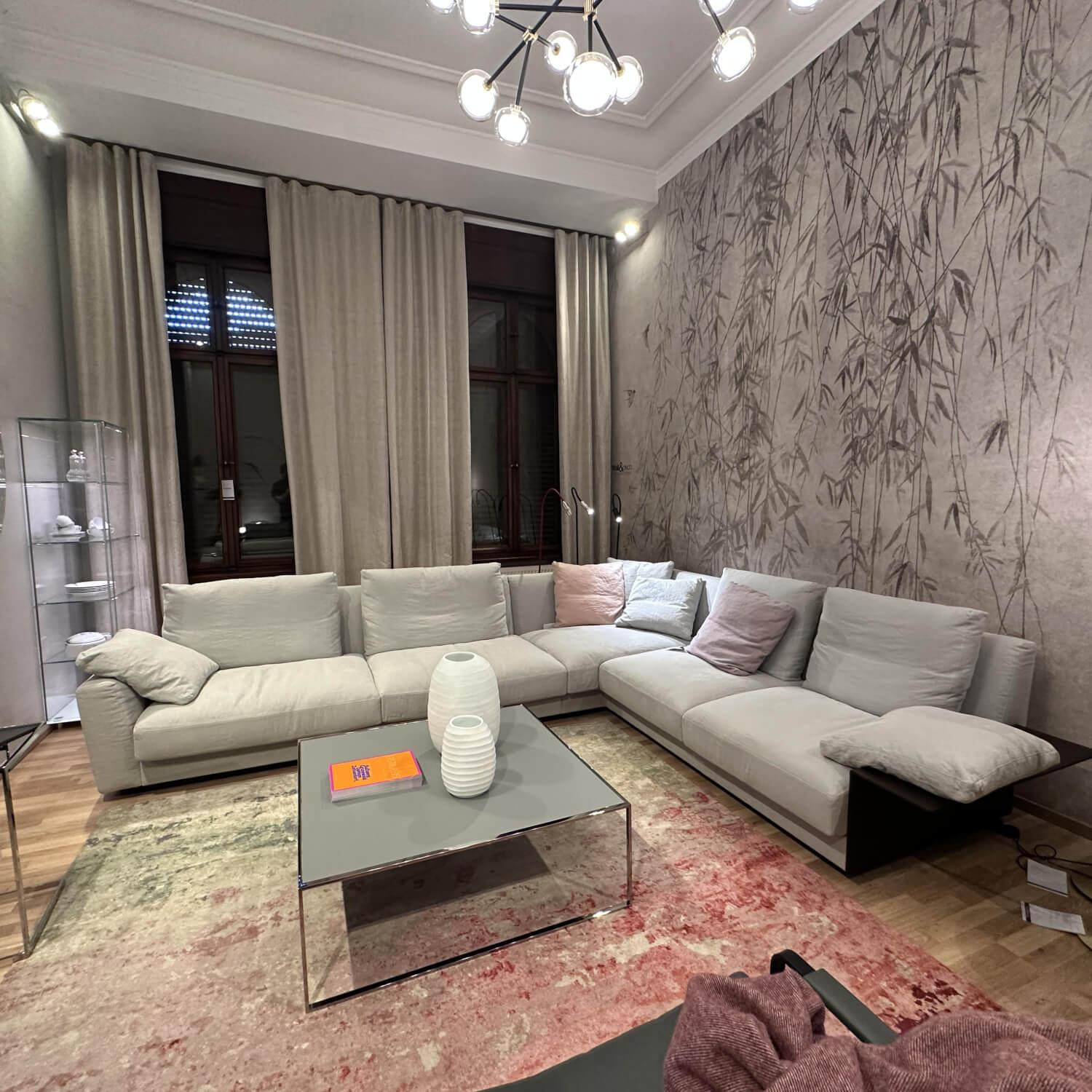 Walter Knoll - Ecksofa Grand Suite Stoff Lino 7707 Shadow Grau Beige Untergestell Massivholz Schwarz Lackiert Inkl. Ablage Leder Saddle Coffee Braun - 15