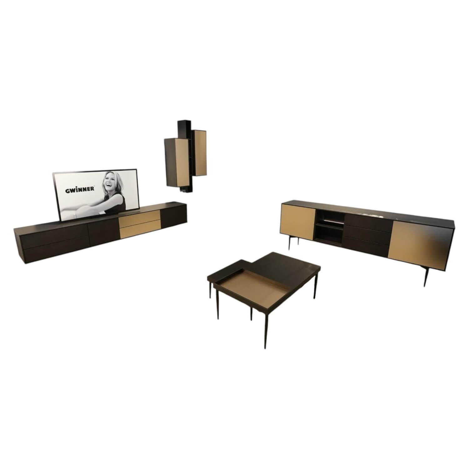 Gwinner - Wohnwand Bera Eiche Satin Terra Schwarz Gold Inklusive Sideboard Und Couchtisch - 1