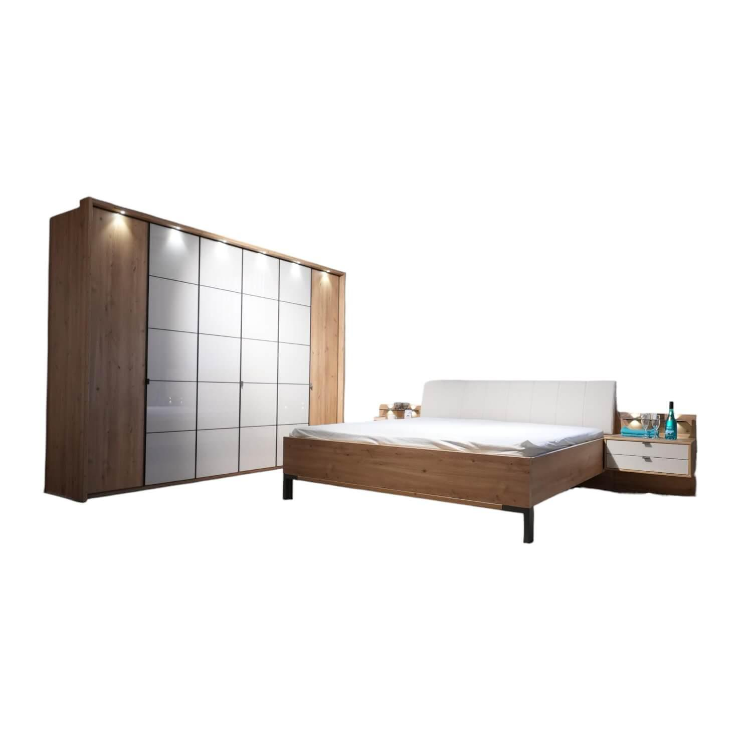 Wiemann - Schlafzimmer Capri Nachbildung Eiche Bianco Glas Und Kunstleder Champagner Creme Ohne Matratze Und Lattenrost - 1