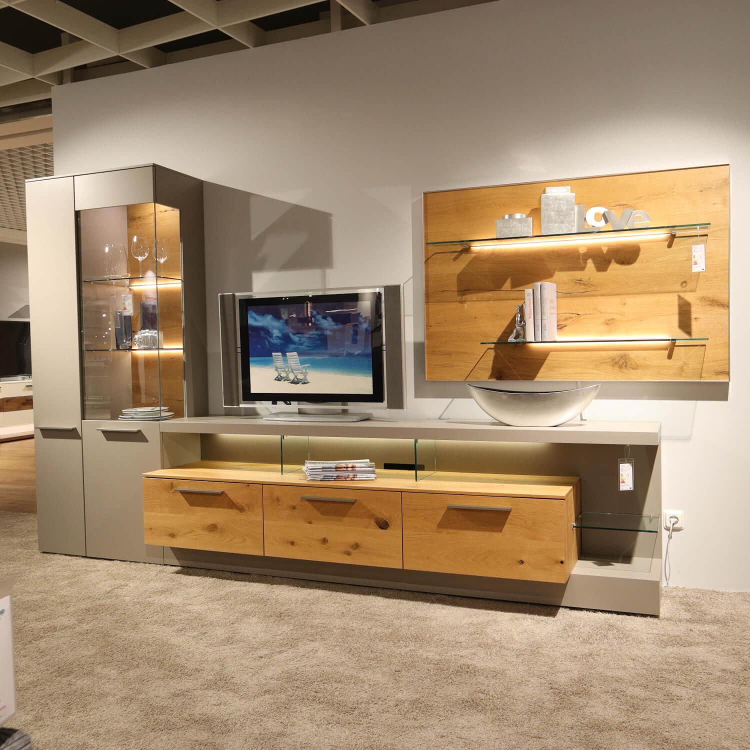 Gwinner - Wohnwand Braviso Lack Seidenmatt Fango Akzente Balkeneiche Honig Griff Edelstahlfarben - 6