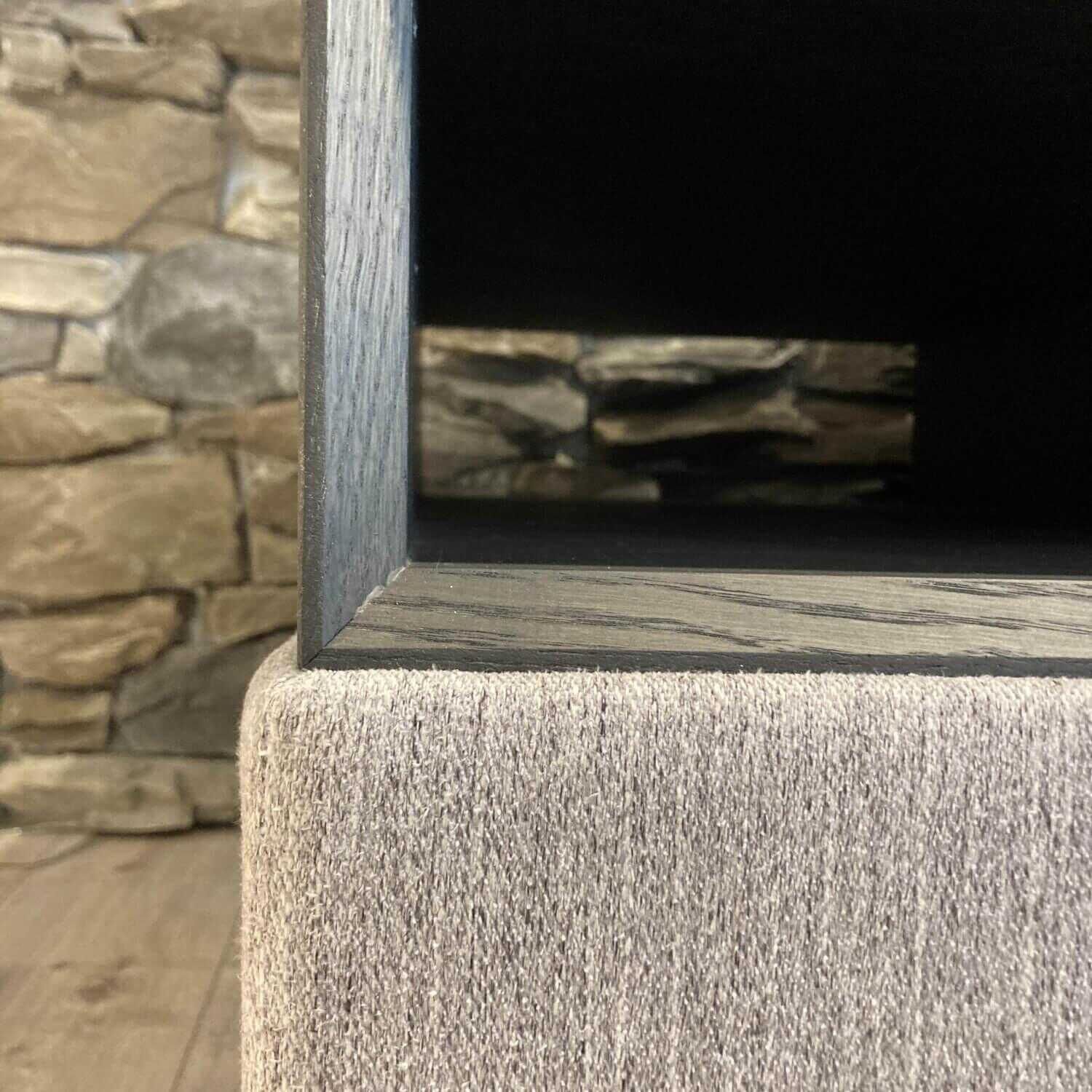Ecksofa WK 610 Stoff Indigo Grau mit Holztisch schwarz