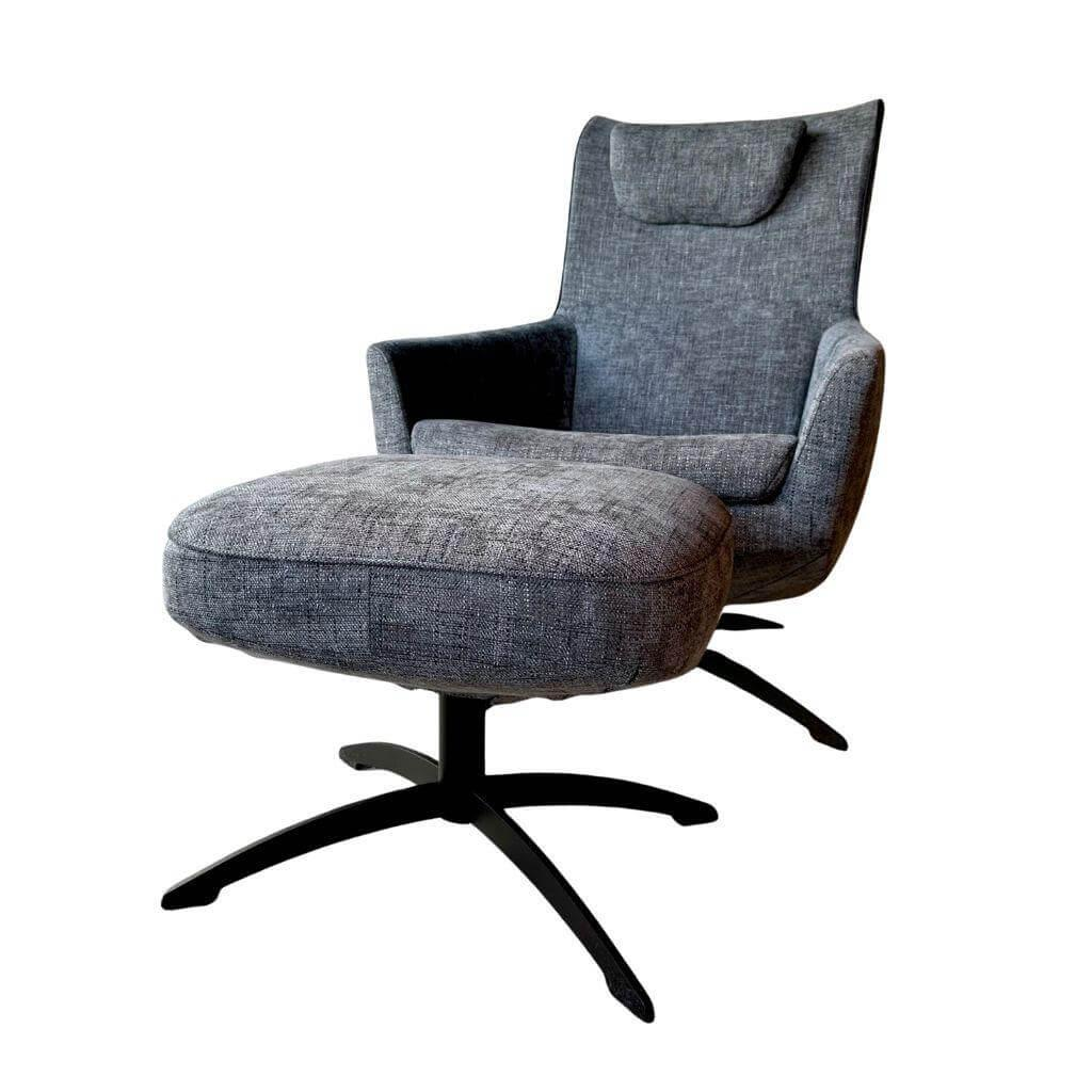 Jori - Loungesessel Griffon Stoff Mephis 10 Grau 4-Sternfuß Metall Schwarz Lackiert Inkl. Hocker - 1