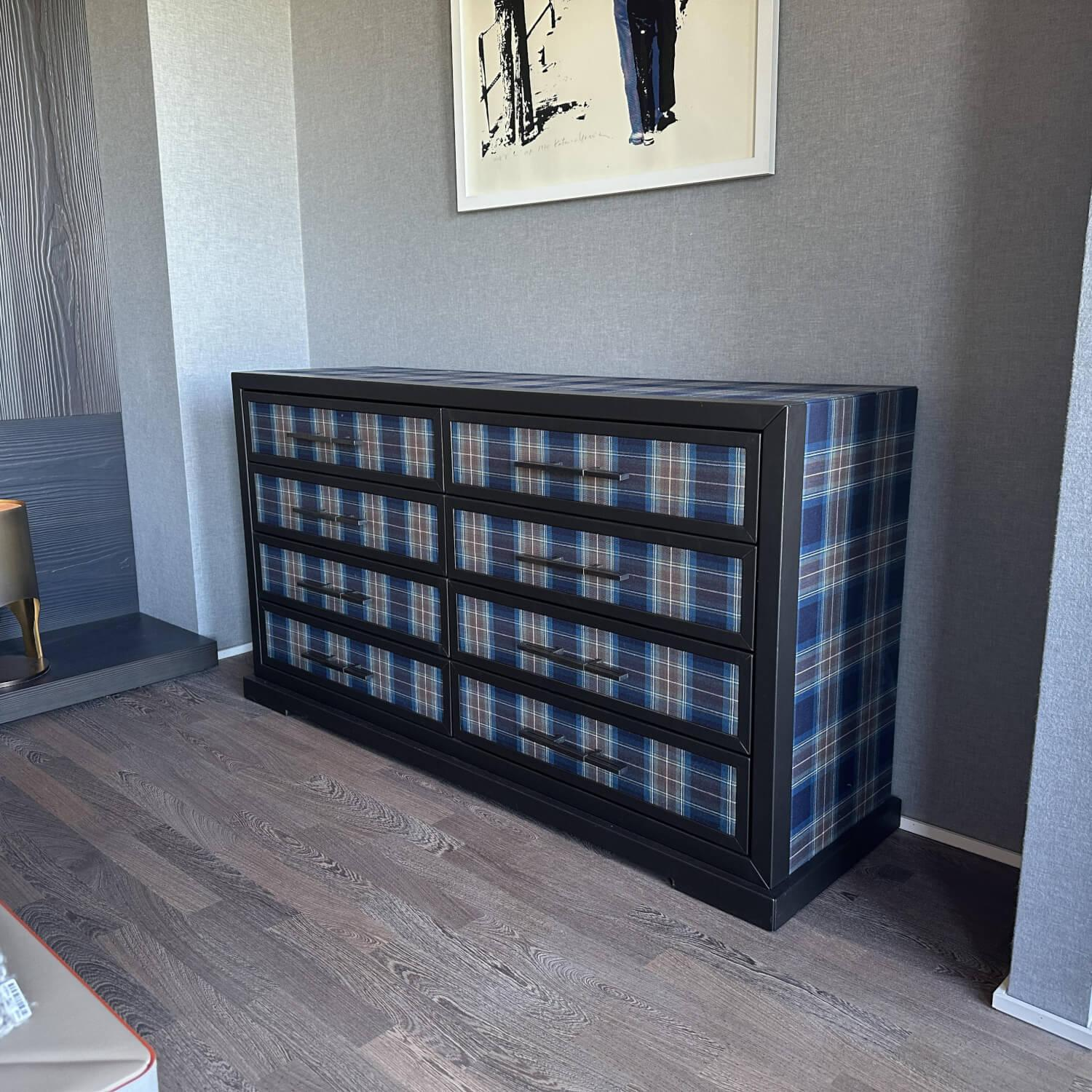 Gruber - Kommode Hollywood Stoff Und Leder Blau Schwarz Kariert Korpus Holz Schwarz - 7