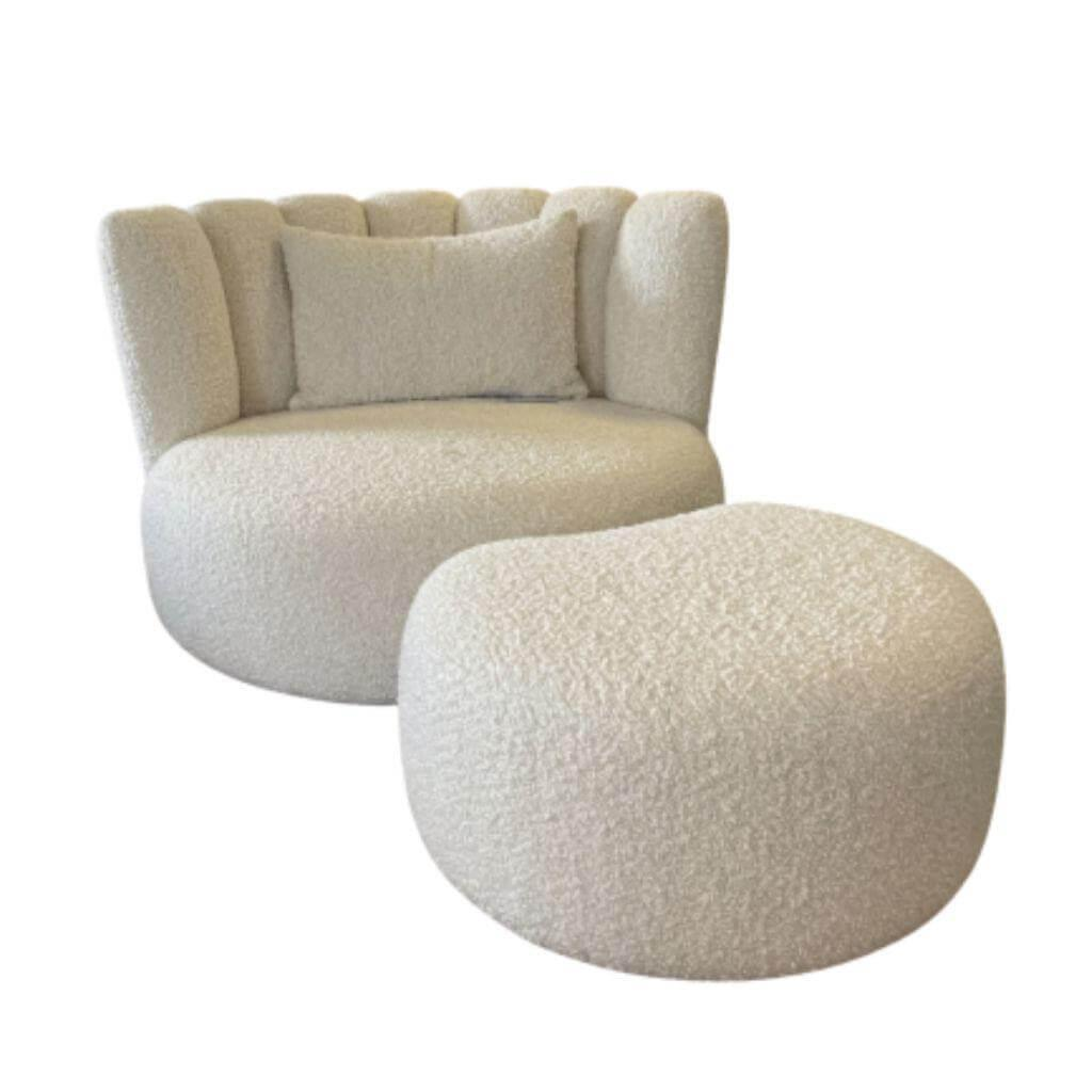 KFF - Sessel Gaia Divano Stoff JAB Collection Fluffy Creme 5-Stern Gestell Metall Schwarz Drehbar Inkl. Hocker Und Kissen - 1