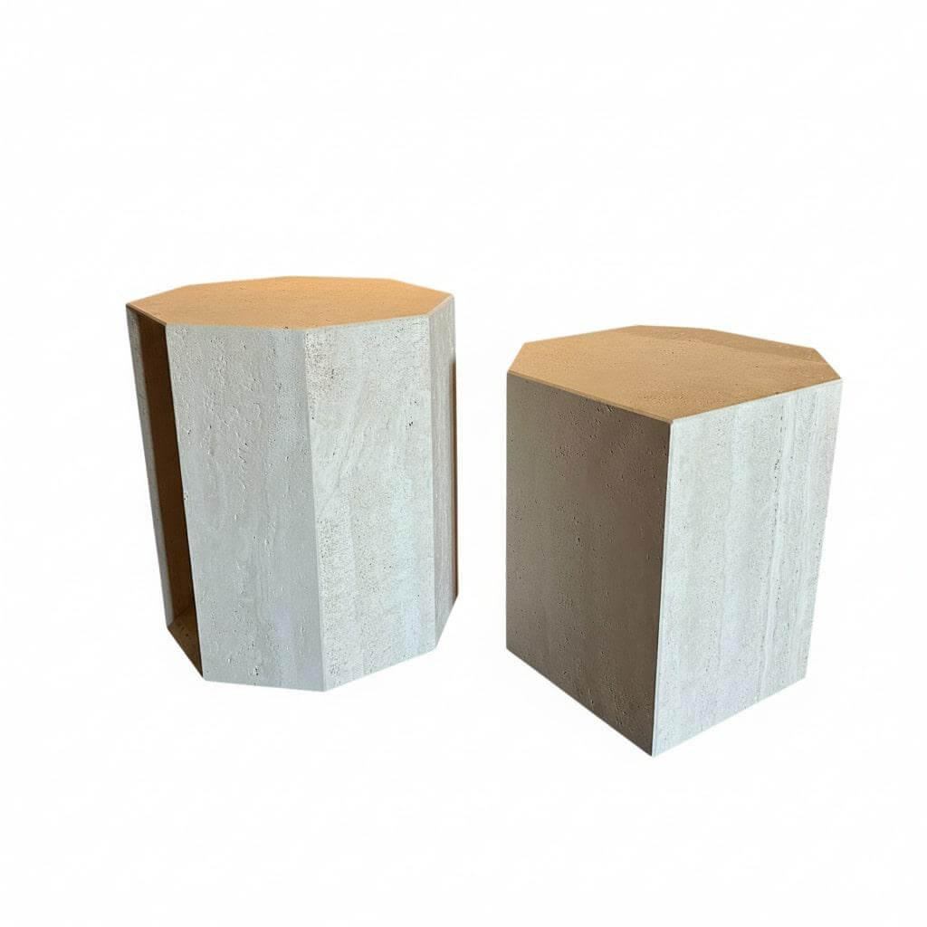 Galotti & Radice - 2er Set Beistelltisch Prism Stein Travertino Romano Natur Gebürstet - 1