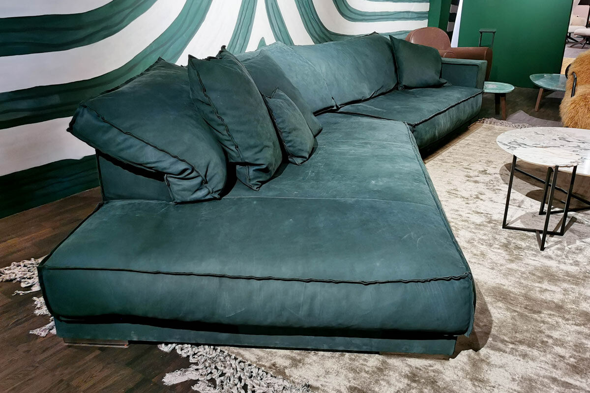 Baxter - Sofa Budapest Soft Leder Kashmir Jade Petrol Gestell Satiniertes Rohmetall mit 4 Kissen - 6