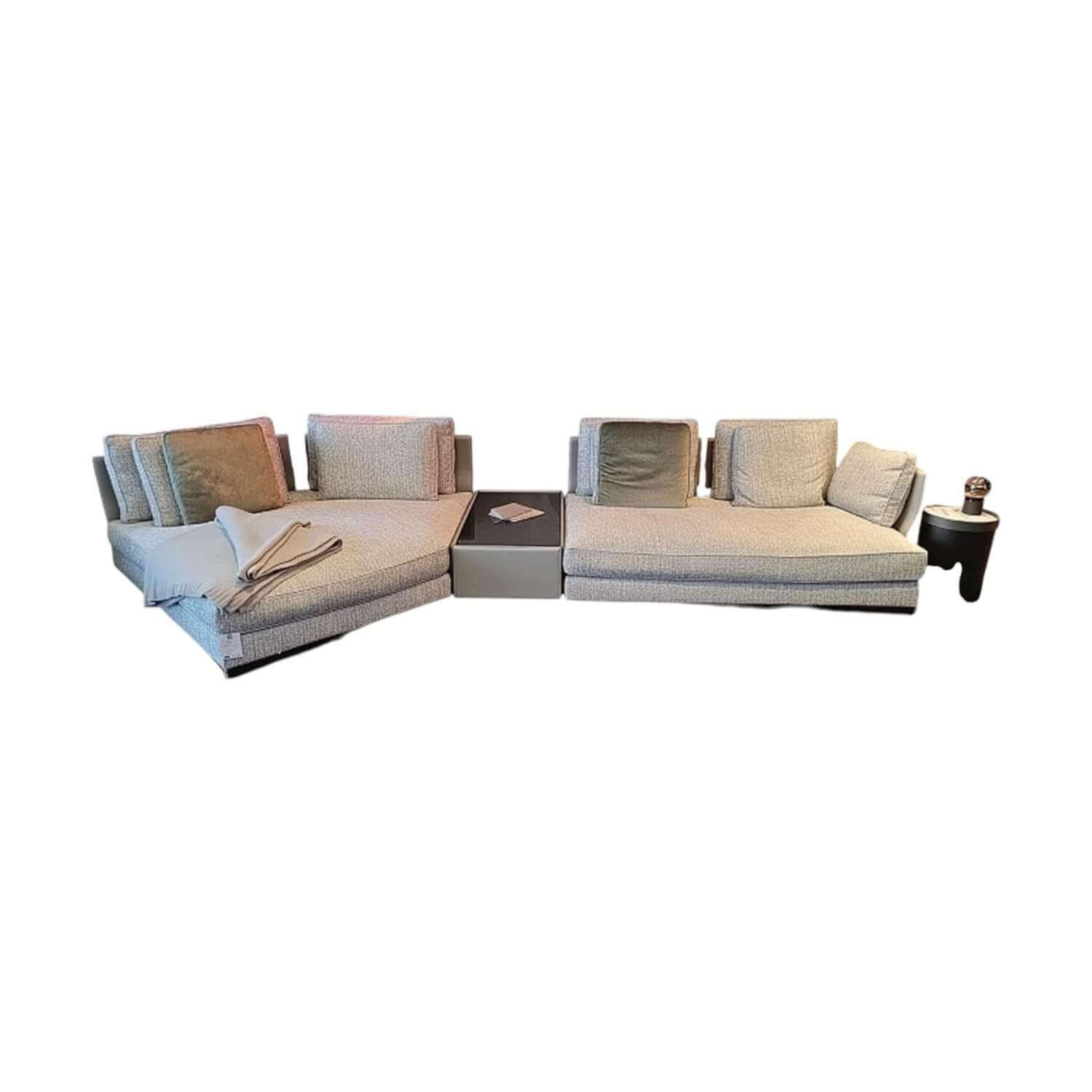 Minotti - Ecksofa West Stoff Fisher 04 Fumo Grau Rücken Kernleder Asche Grau Füße Aluminium Inklusive Kissen - 1