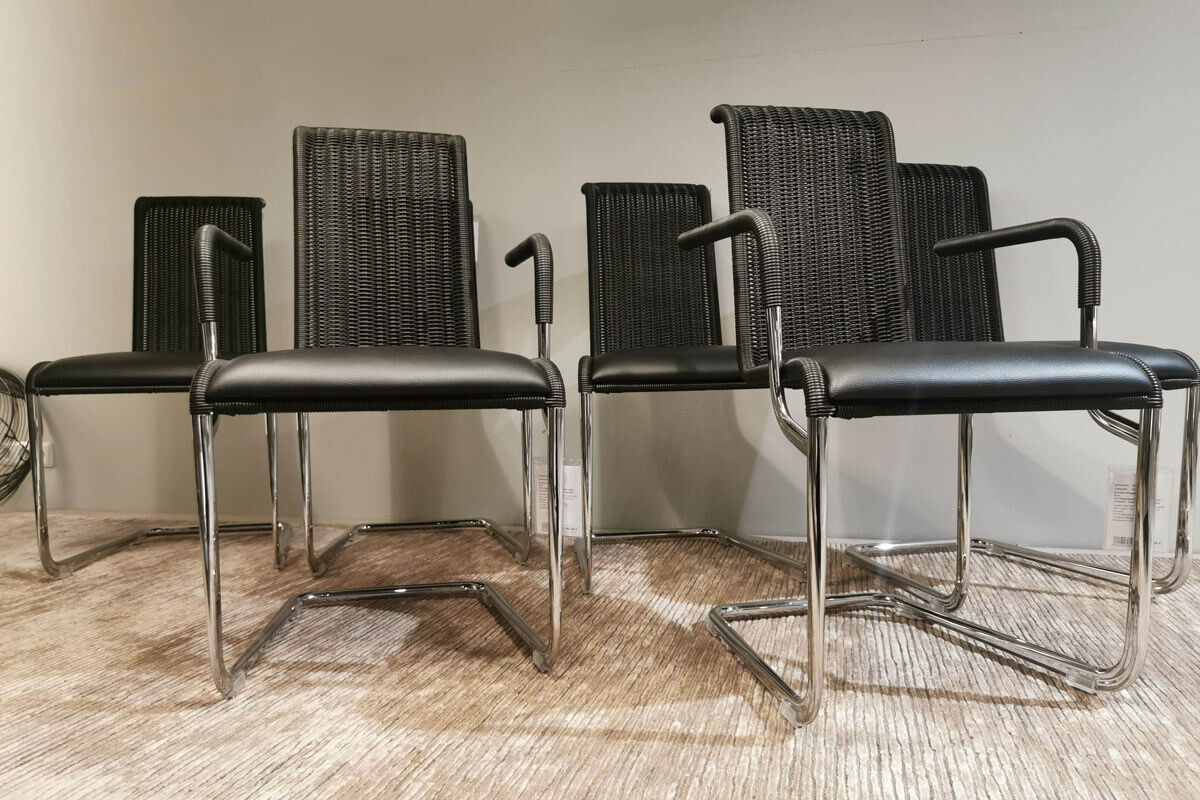 6er-Stuhlset D21i B20 Leder Schwarz Tecta Geflecht Gestelll Stahlrohr Verchromt
