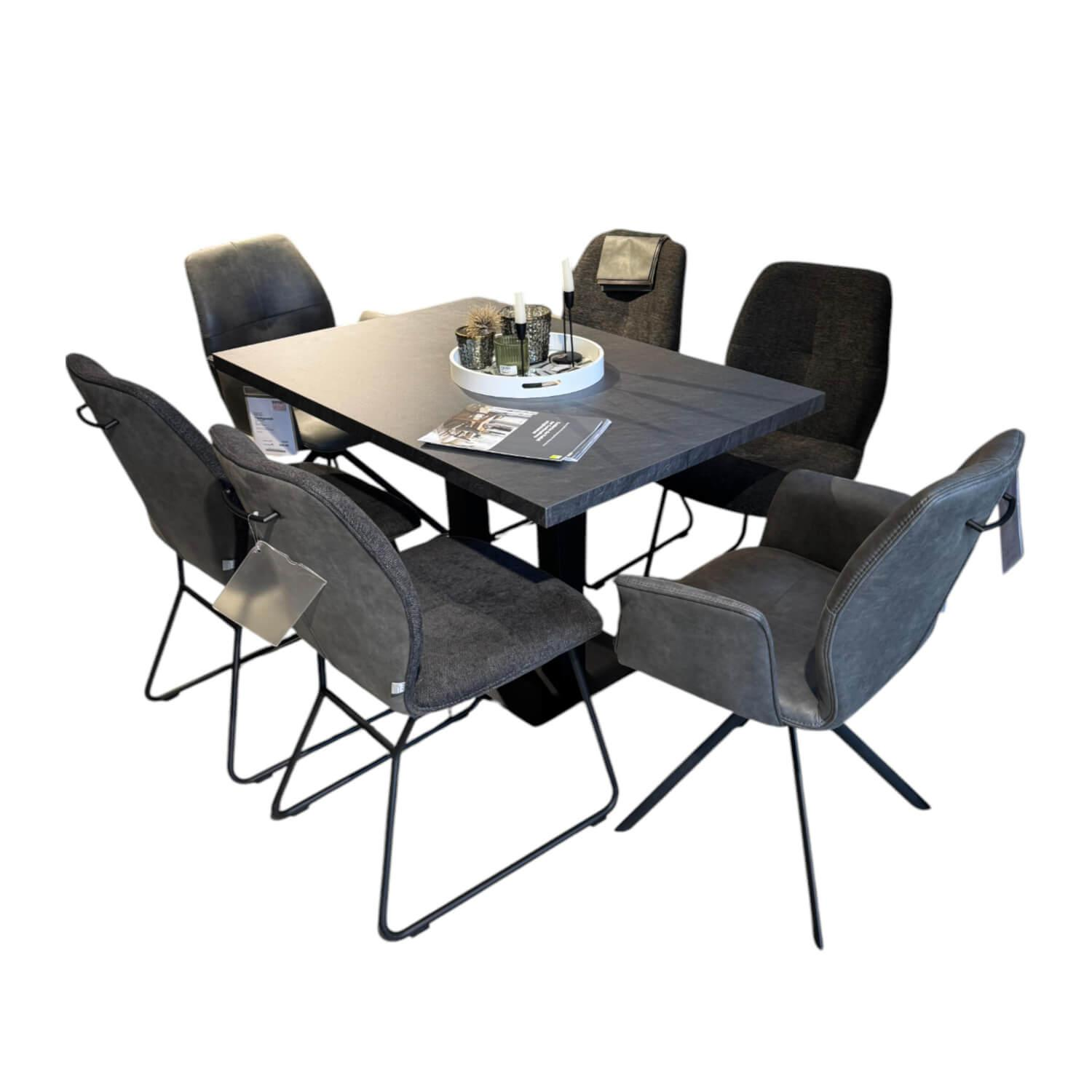 Global - 6er-Set Stuhl Dinner Stoff Microfaser Ledo Grau Gestell 1x Stativ Drehbar Metall Schwarz 1x Stativ Fest Metall Schwarz Und 4x  Kufen Eisen Schwarz - 1