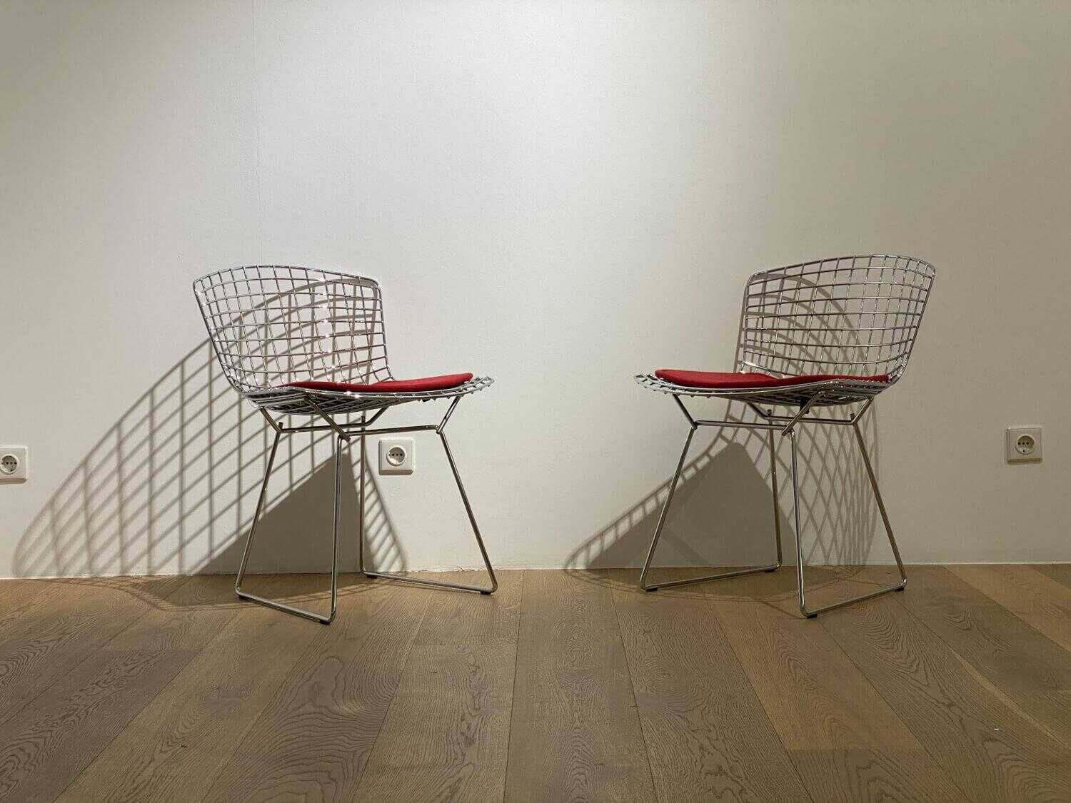 2er-Set Stuhl Bertoia Side Chair Drahtgestell Aluminium Verchromt Sitzpolster Stoff Rot