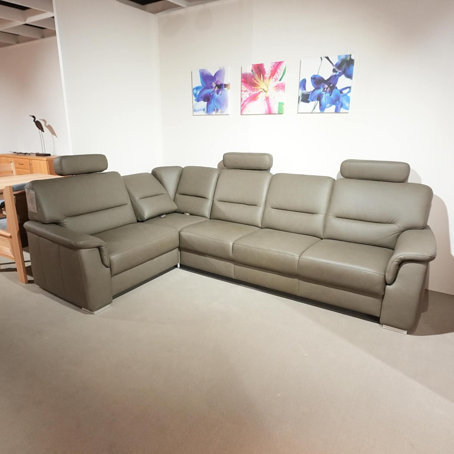 Polinova - Ecksofa Urbino Leder Vivre Smoke Grau Füße Aluminium Inklusive Kopfstütze - 4