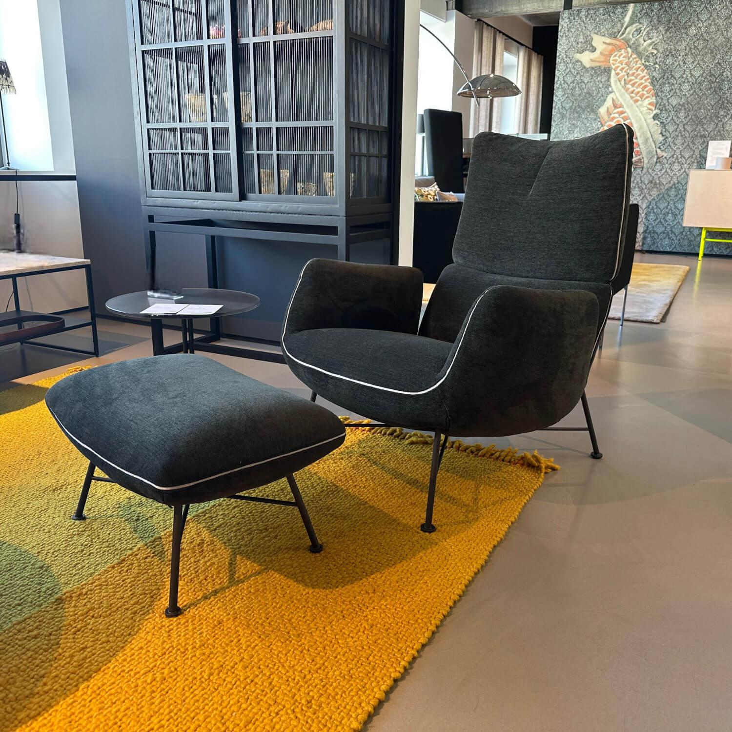 COR - Loungesessel Jalis Niedrig Stoff 8144 Braun Grün Drahtgestell F01 Feinstruktur Schwarz Mit Hocker - 5