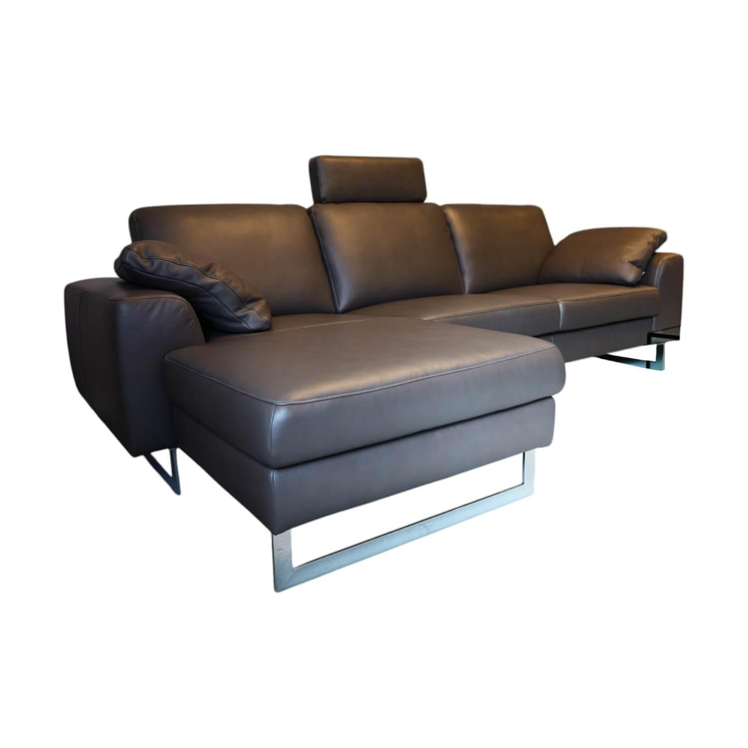 W. Schillig - Ecksofa Alexx Leder Longlife Xtra 95 Graphit Grau Metallfuß F7T Chrom Mit Kissen Und Kopfstütze - 1