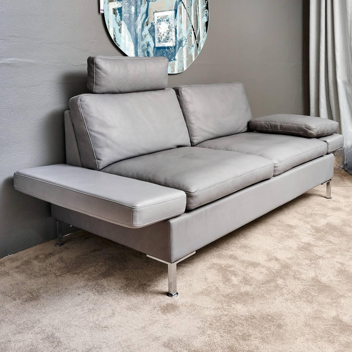 Brühl - Sofa Alba System M Leder 5707 Pearl 0095 Grau Winkelfuß Verchromt Mit Kopfstütze - 6