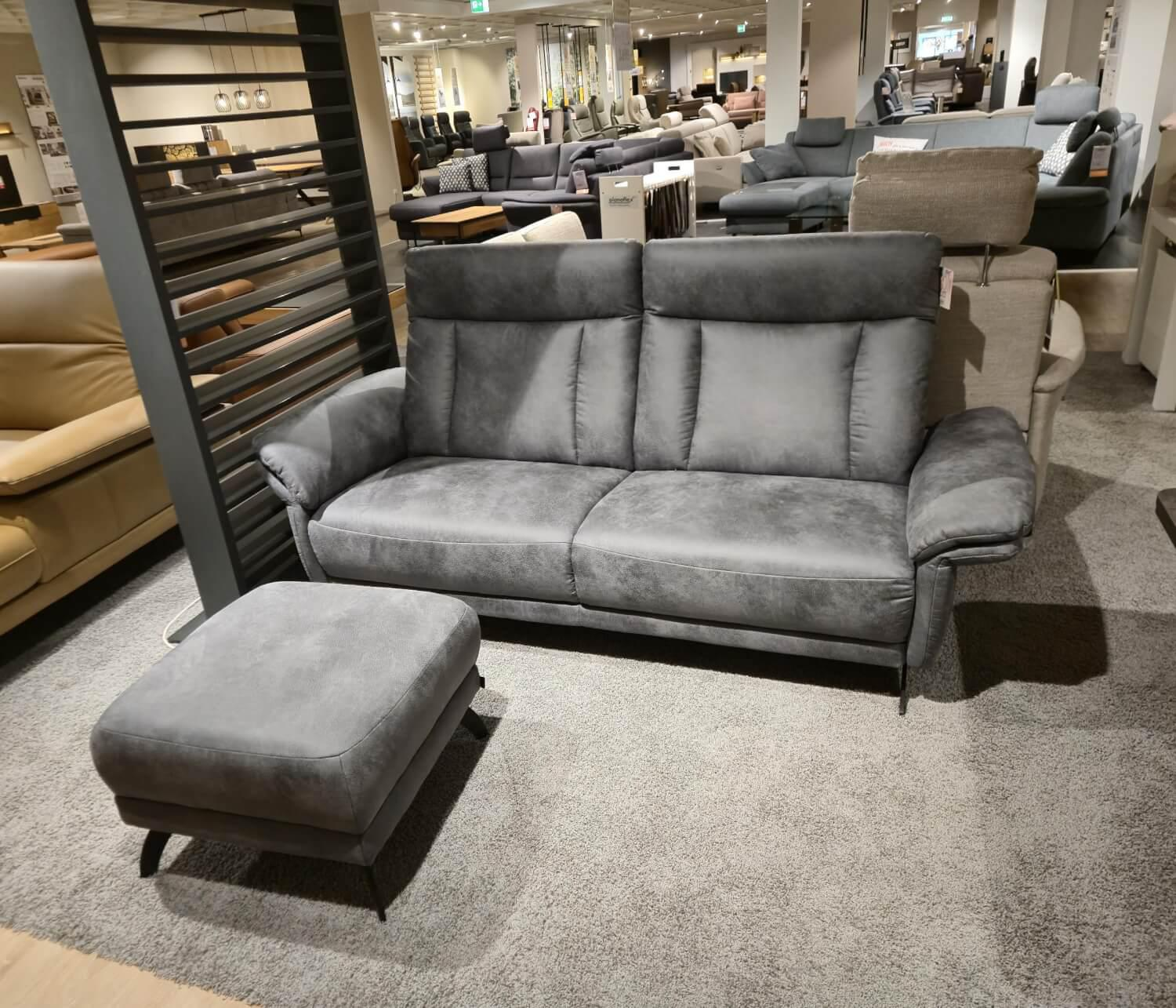 Musterring - Sofa MR 300 Stoff Savanna Grey Grau Metallkufe 447 Schwarz Matt Inklusive Kopfteilverstellung Und Hocker - 2
