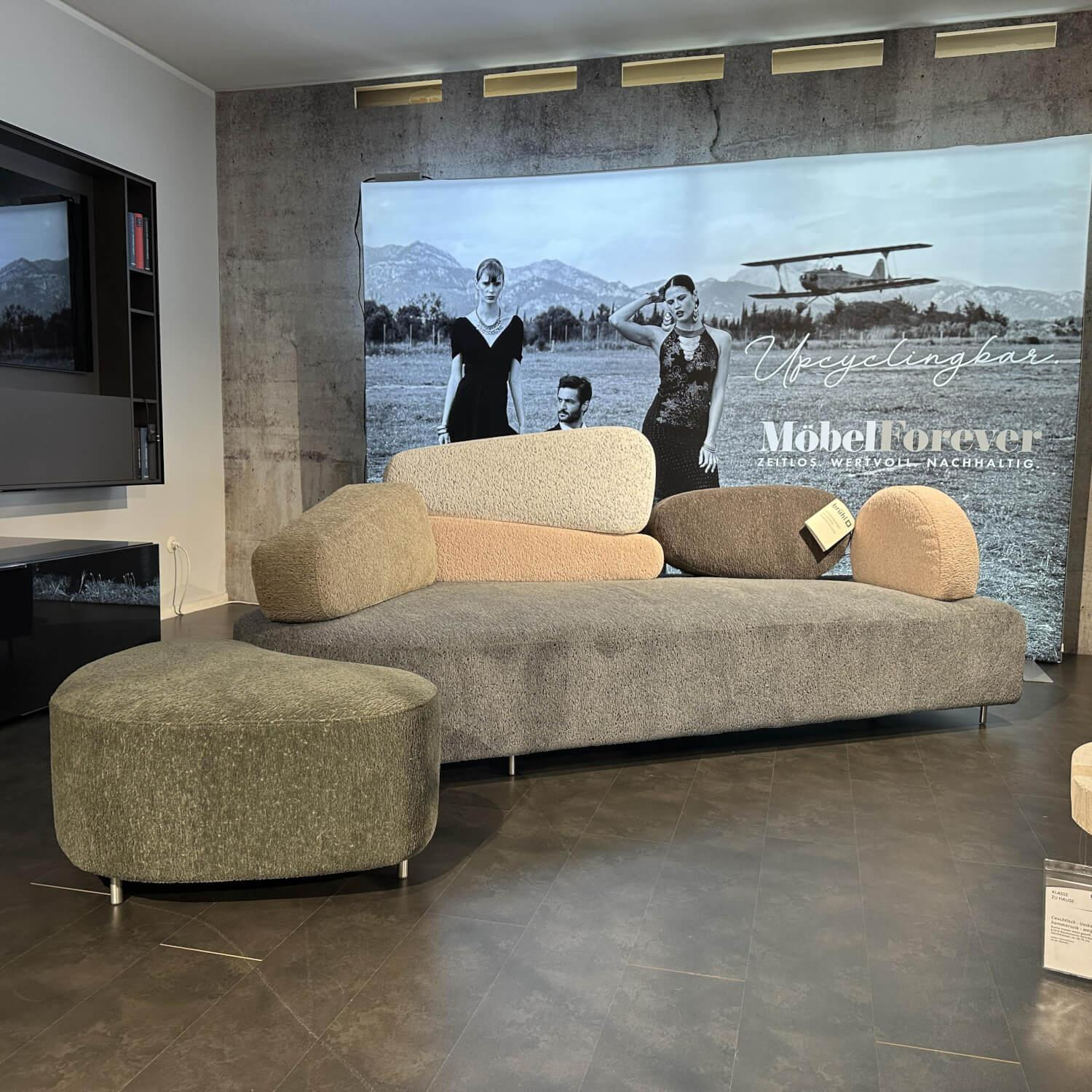 Brühl - Sofa Mosspink Stoff 6450 0095 Grau Zylinderfuß Aluminium Silber Inklusive Hocker - 3