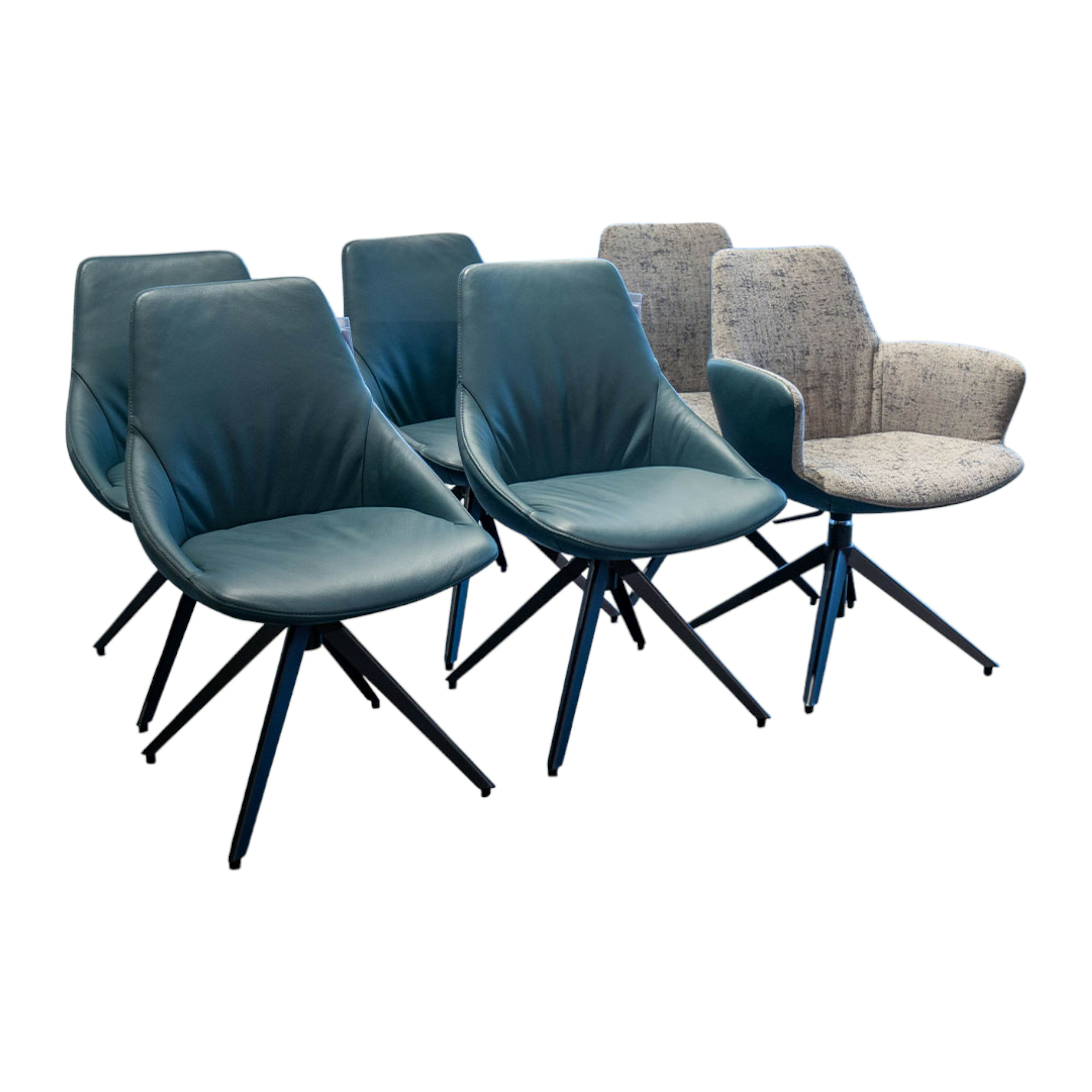 Bert Plantagie - 6er-Set Stuhlgruppe Maple Außen Leder Elba Whale Petrol Innen Stoff Grau - 1