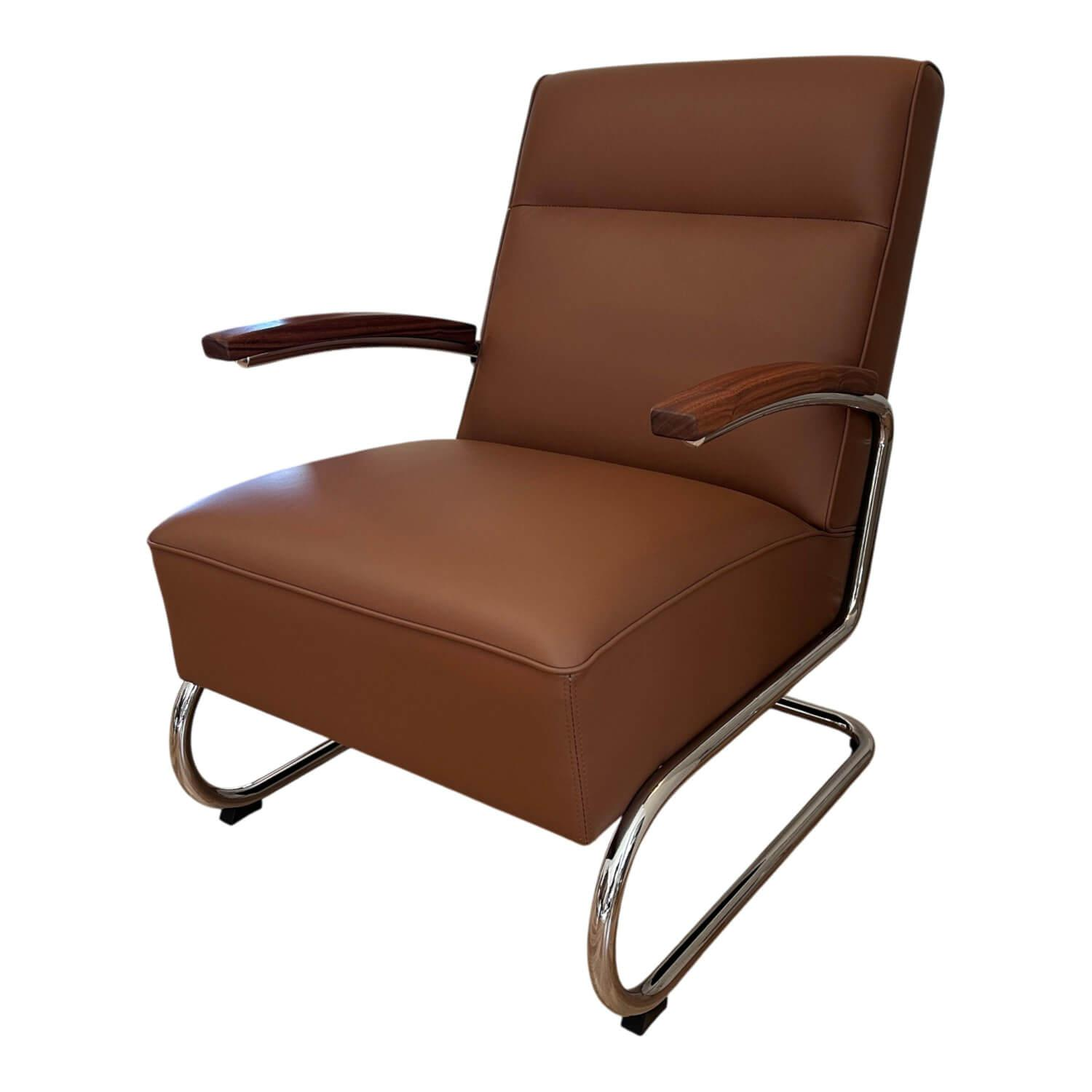 Thonet - Sessel S 412 Leder Linea Marrone 608 Braun Gestell Stahlrohr Verchromt Armauflage Nussbaum Geölt - 1