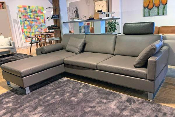 Brühl - Ecksofa Alba System M Leder Pearl 5707 85 Grau Füße Stahl Verchromt Mit Integrierten Kopfstützbügeln - 2