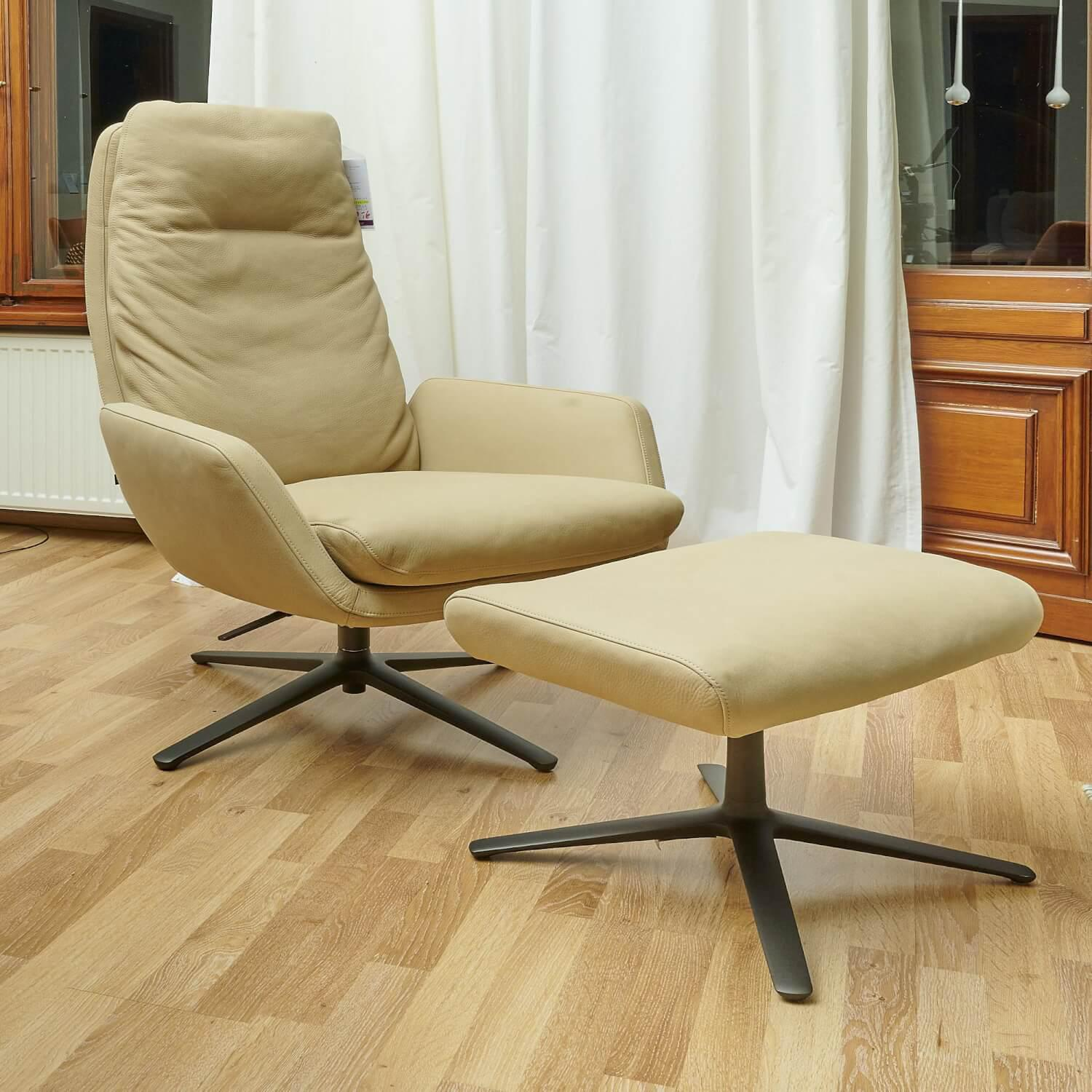 COR - Drehsessel Cordia Leder 420 Sand Beige Fußgestell Schwarzbraun Mit Kippmechanik Und Hocker - 7