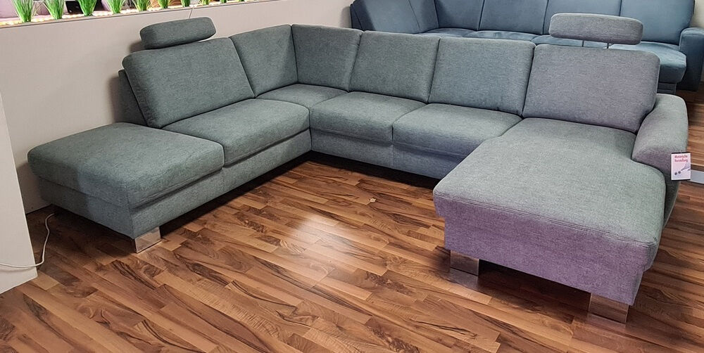 Zehdenick - Ecksofa Stoff Calido Steel Doppelsteppnaht Grau mit 2 Kopfstützen - 5