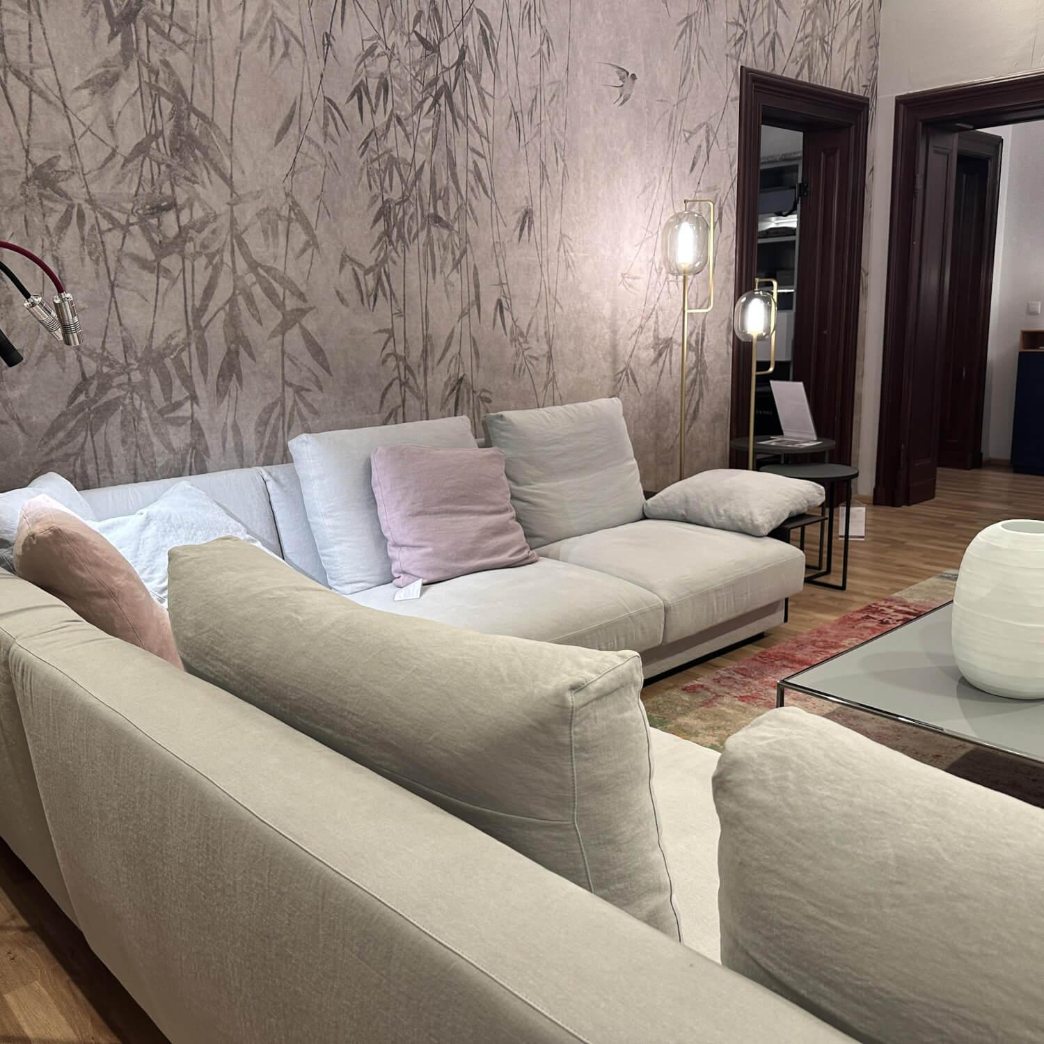 Walter Knoll - Ecksofa Grand Suite Stoff Lino 7707 Shadow Grau Beige Untergestell Massivholz Schwarz Lackiert Inkl. Ablage Leder Saddle Coffee Braun - 7
