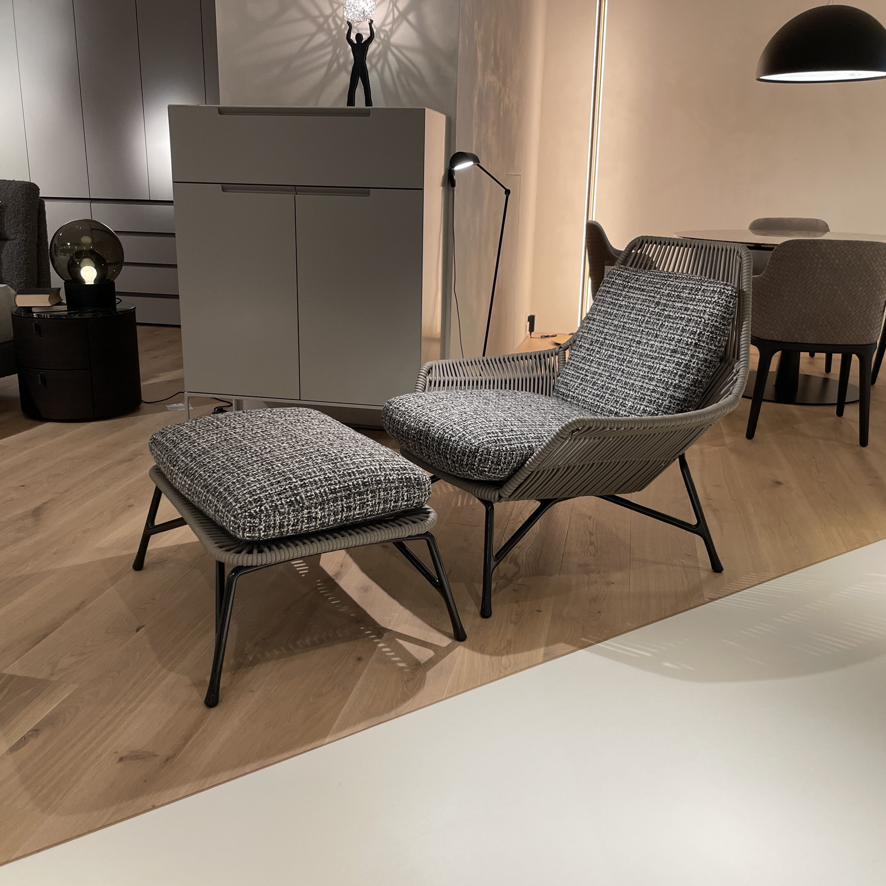 Minotti - Sessel Prince Cord Stoff H Freedom 01 Cenere Grau Ledergeflecht Tortora Dove Grey Beige Gestell Aluminium Zinn Lackiert Mit Hocker - 2