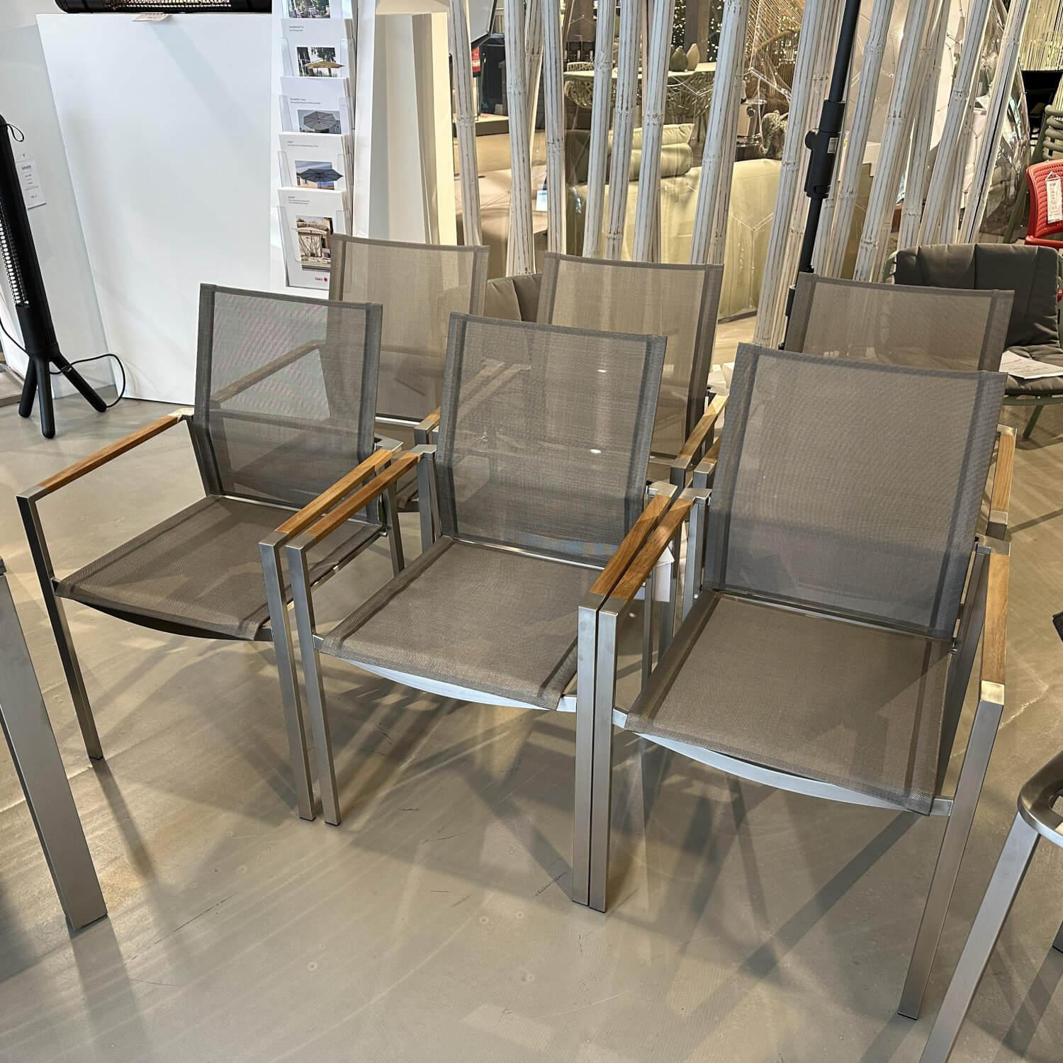 Barlow Tyrie - 6er Set Stapelstuhl Mercury Bespannung Sling Titanium Grau Gestell Edelstahl Mit Teakholz Armen - 5