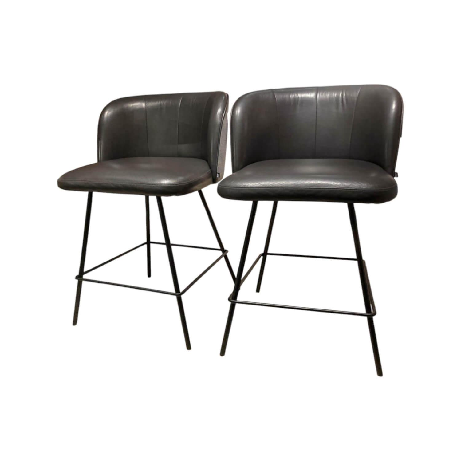 KFF - 2er-Set Thekenstuhl Gaia Innen Leder Anthrazit Außen Stoff Blake Grey Grau Rundrohrgestell Struktur Schwarz - 1