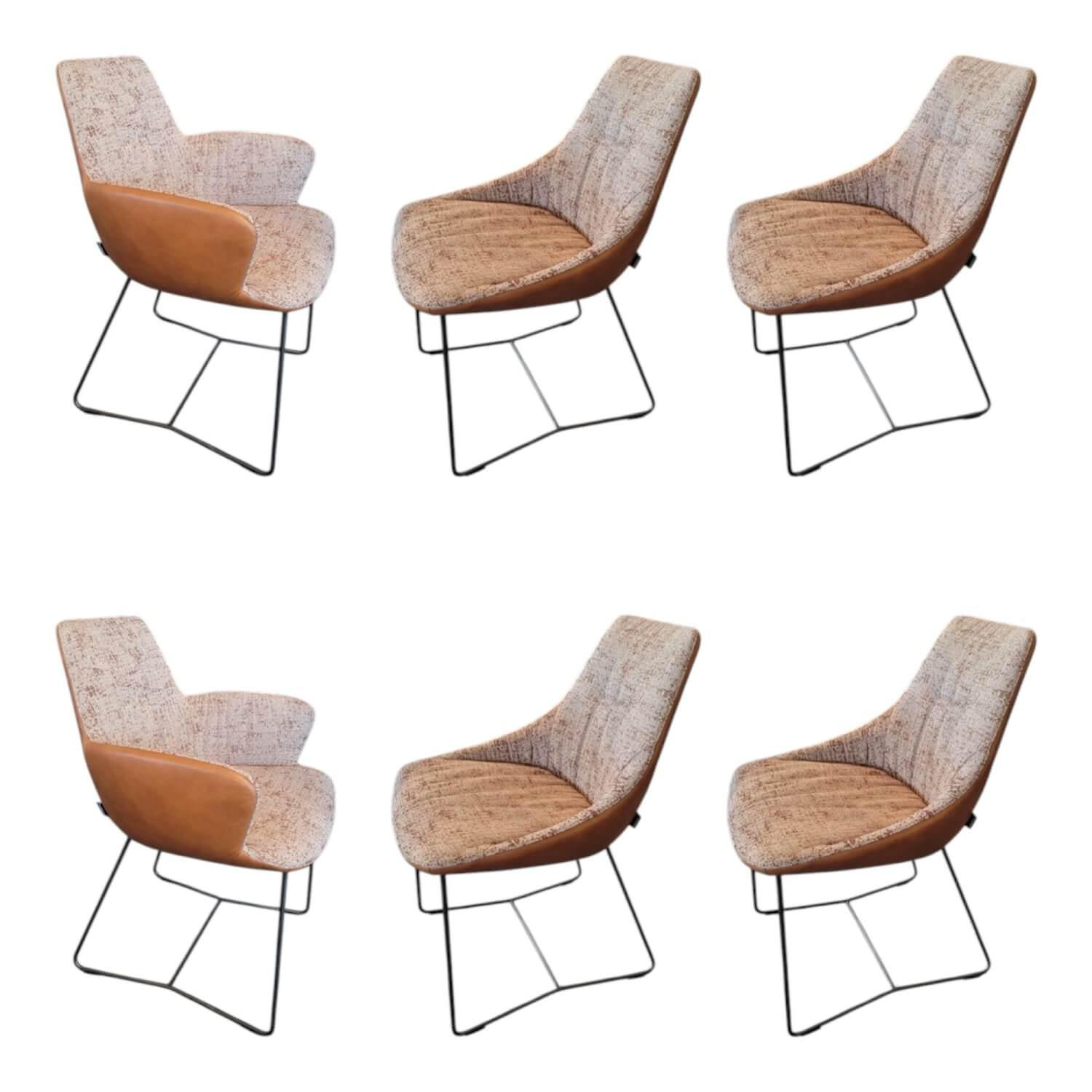 Contur - 6er Set Stuhl Pegara Innen Stoff Matrix Copper Rosa Außen Leder Semianilin Cognac Braun Gestell Metall Anthrazit - 1
