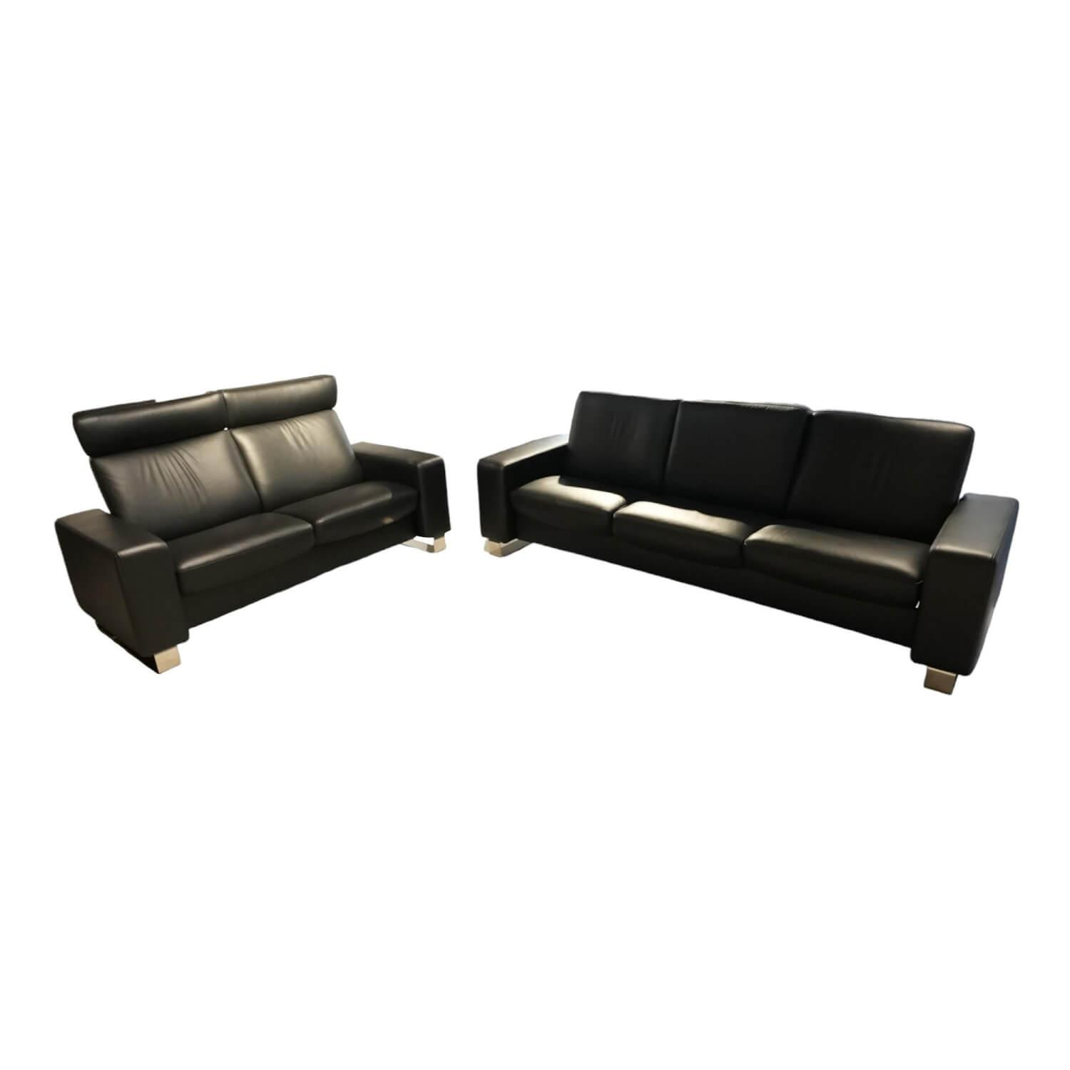 Stressless - Garnitur Space Leder Paloma Schwarz Füße Edelstahl 2 Sofas - 1