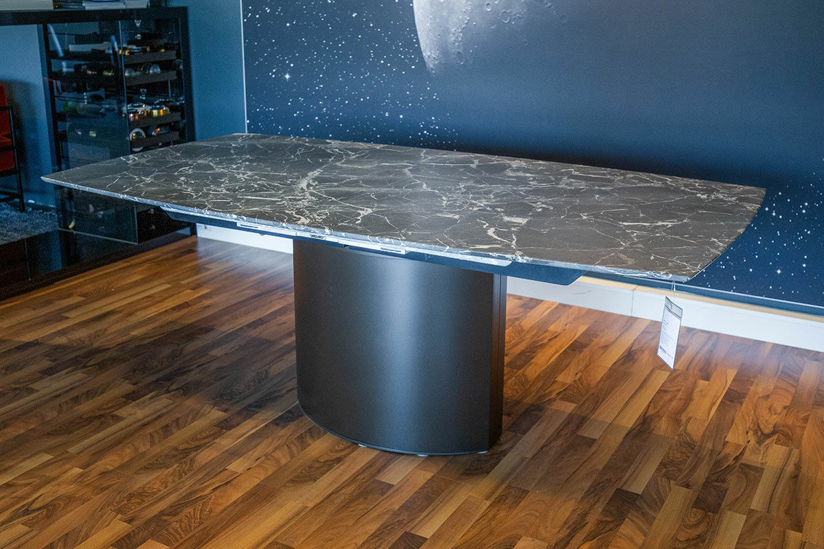 Draenert - Esstisch Adler Platte Stein Valentine Grey Grau Geledert Sockel Metall Dunkelbronze Mit Auszug - 3