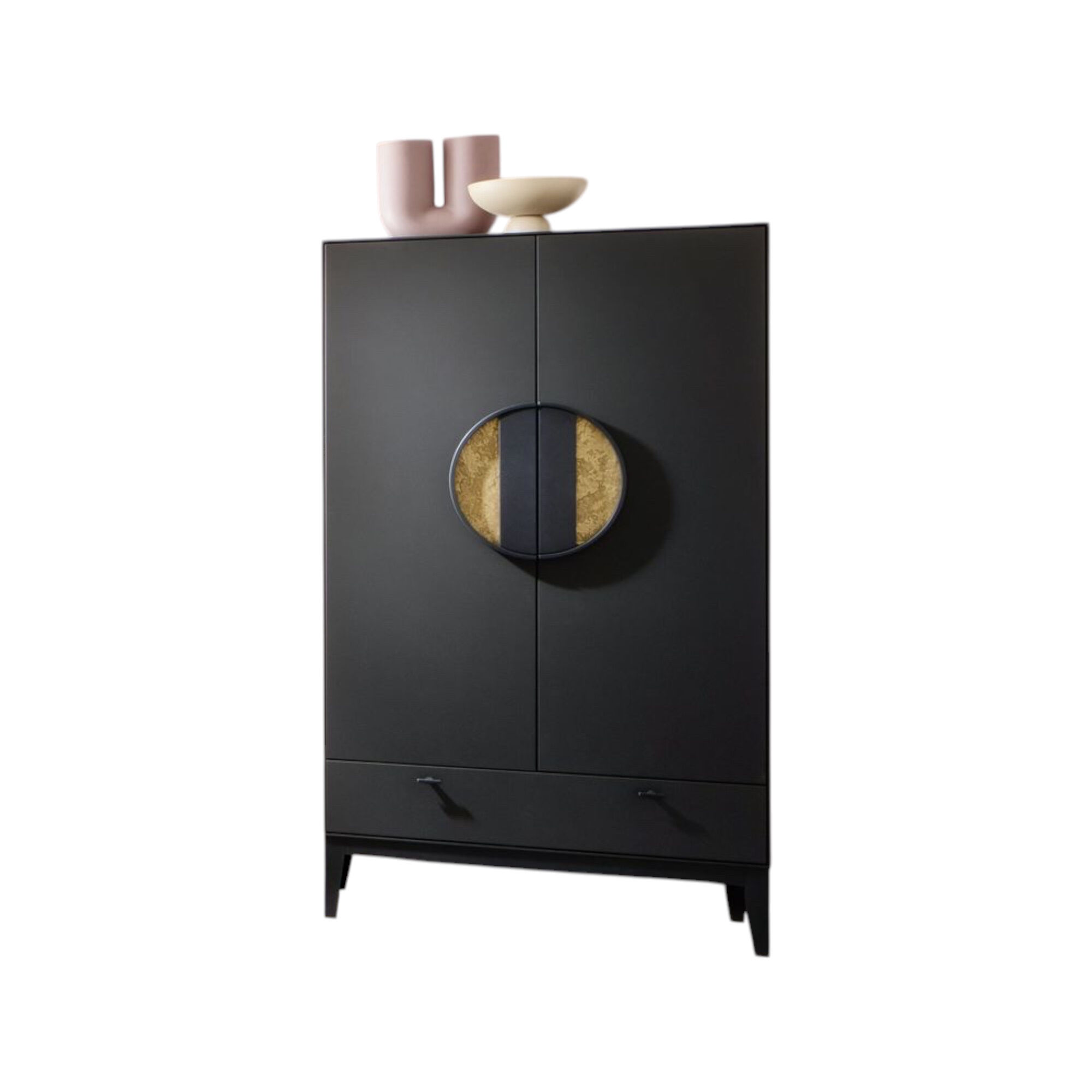 Die Hausmarke - Highboard Jyn Lack Schiefer Schwarz Griffapplikation Gold Gestell Holz Schwarz Mit Beleuchtung - 1