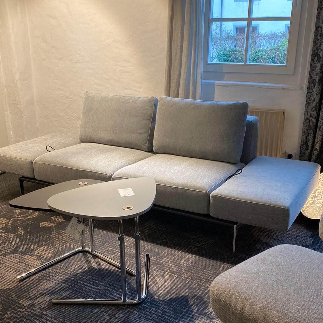 Eigene Herstellung - Sofa Piu Bezug Stoff Carla Hellgrau Unterbau Leder Rancho Anthrazit Gestell Chrom Glanz - 5