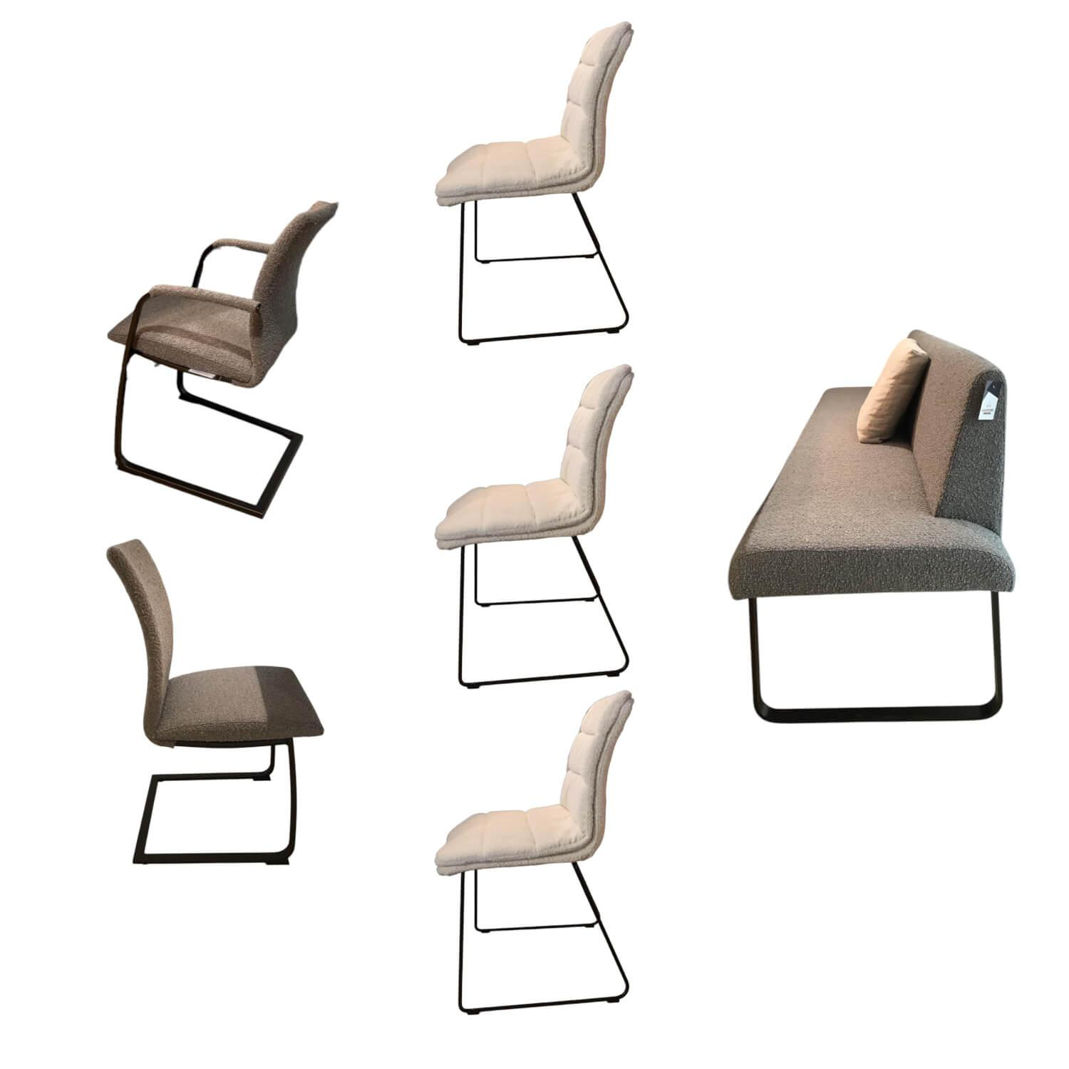 Tonon - 5er-Set Stühle Und Bank Swing Light Stoff Privileg 3 Und 4 Grau Beige Gestell Stahl Braun Brüniert - 1