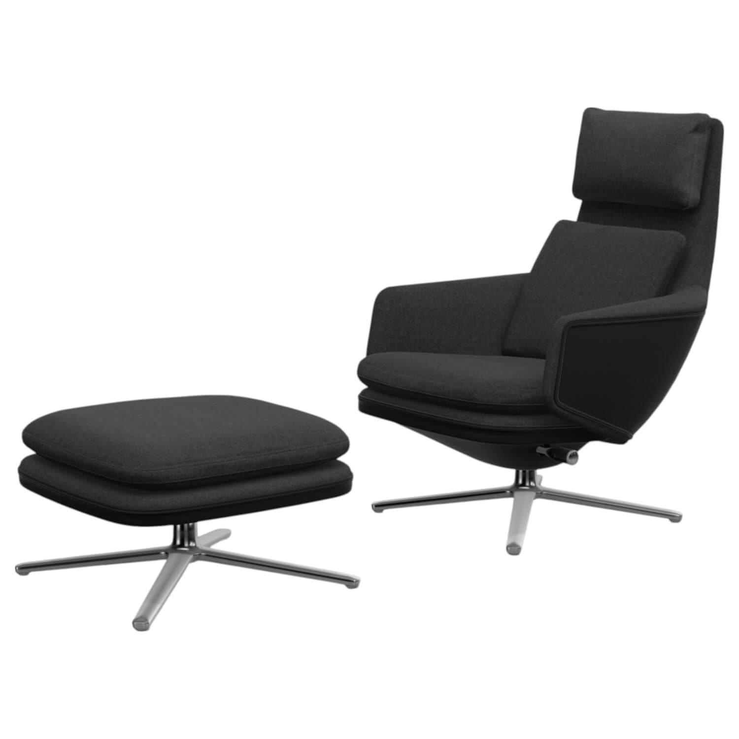 Vitra - Sessel Grand Relax Leder Forte Nero Schwarz Bezug Stoff Cosy 10 Classic Grey mit Ottoman - 4