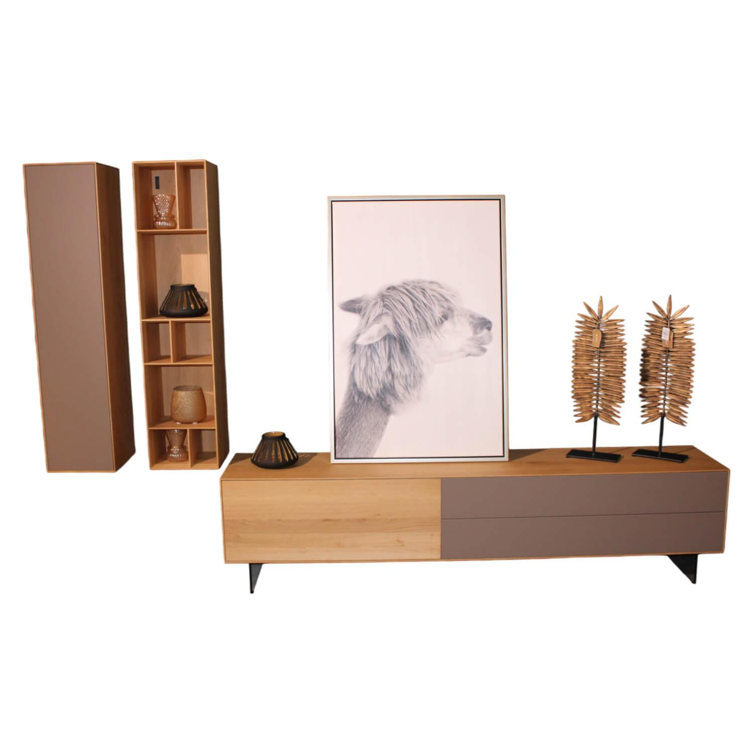 Paul Lindberg - Wohnwand Tookan Massiv Geölte Eiche Glastüre Satinato Taupe - 1