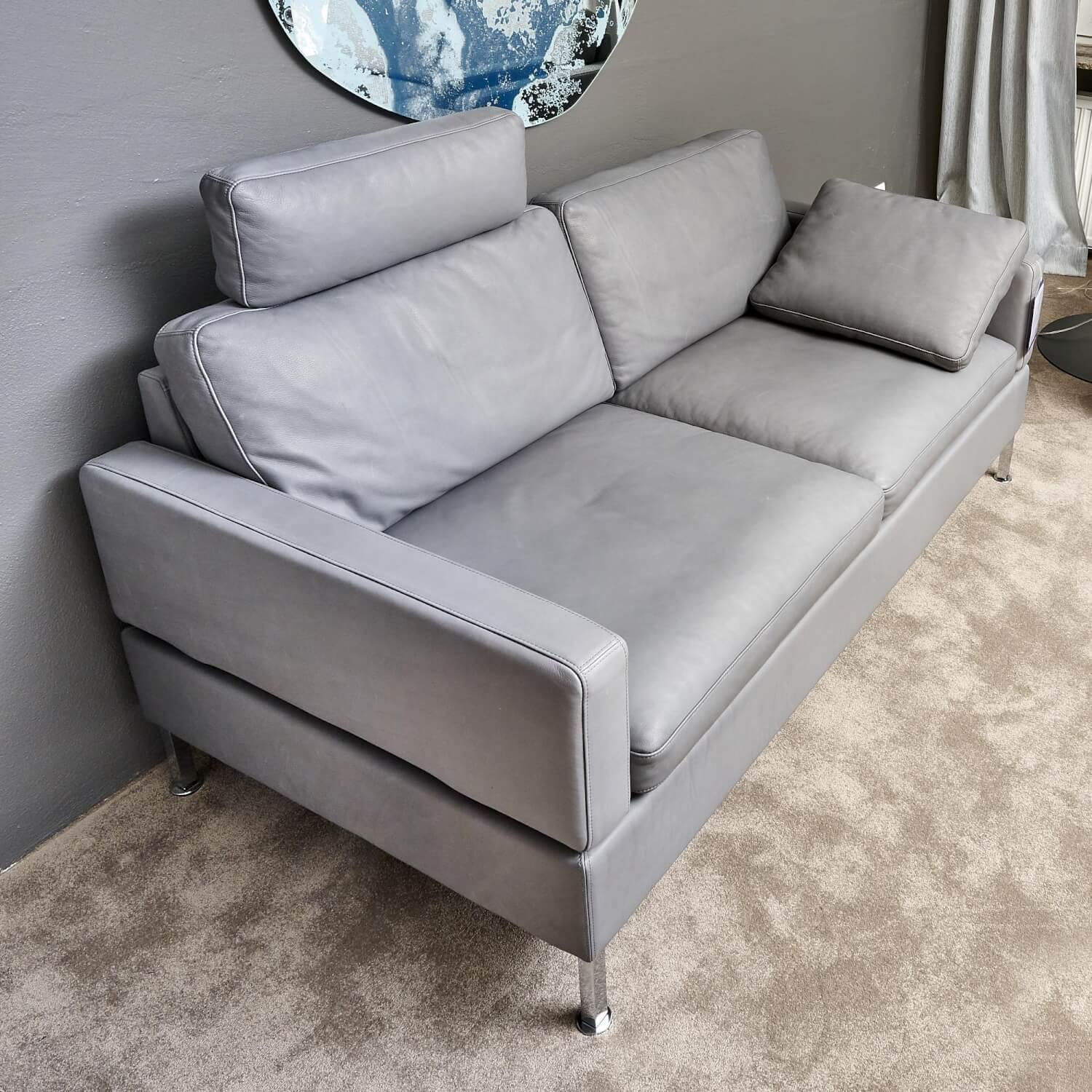 Brühl - Sofa Alba System M Leder 5707 Pearl 0095 Grau Winkelfuß Verchromt Mit Kopfstütze - 3