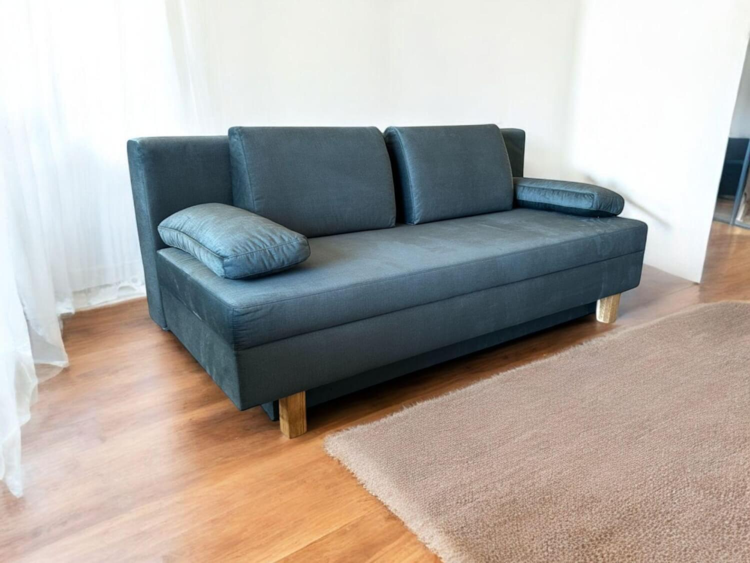 Eigene Herstellung - Schlafsofa Stoff Velour Petrol Blau Gestell Eiche Hell Mit Bettkasten - 7