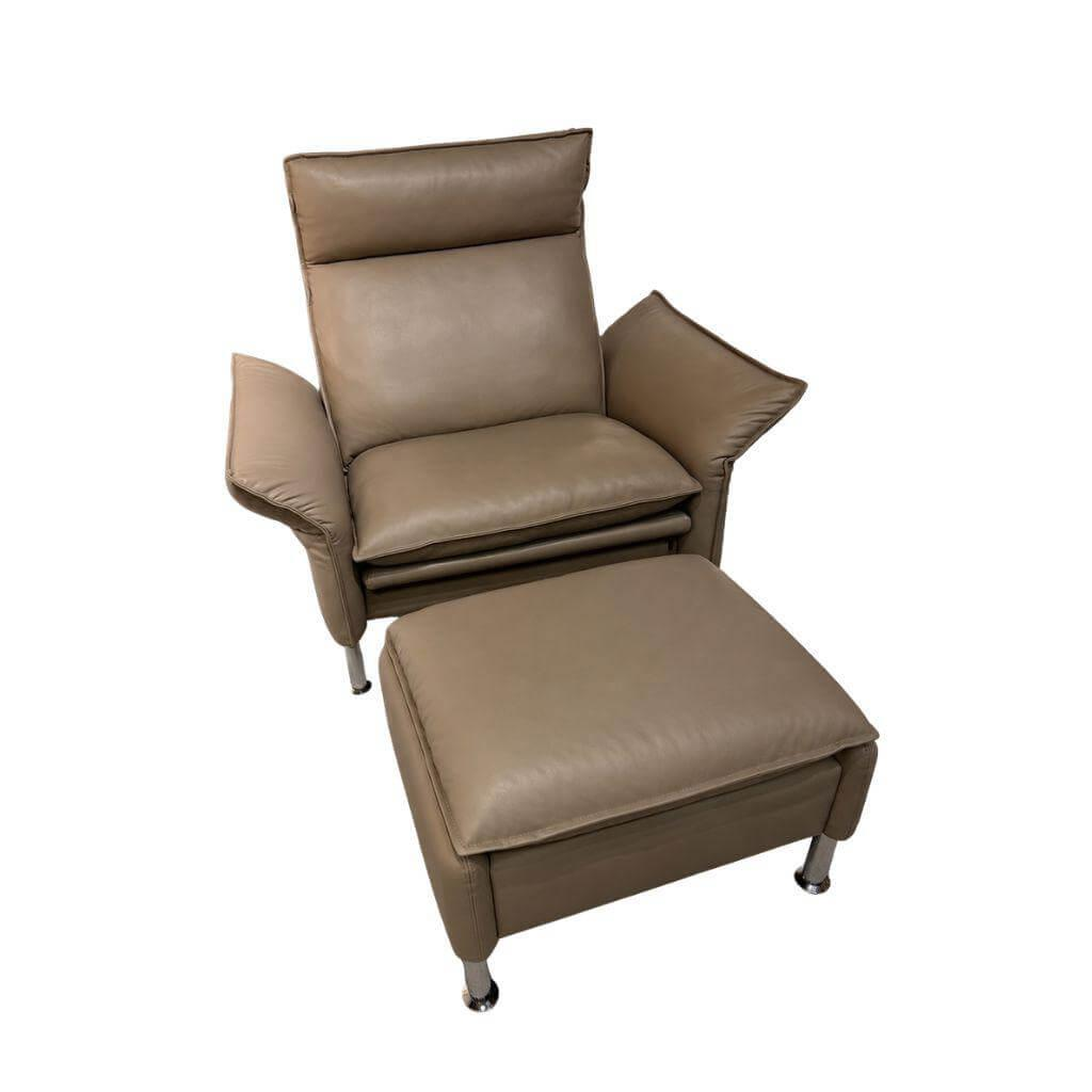 Erpo - Sessel Porto 183 Extra Hoch Leder Stone Braun Füße Hochglanz Inkl. Hocker - 1